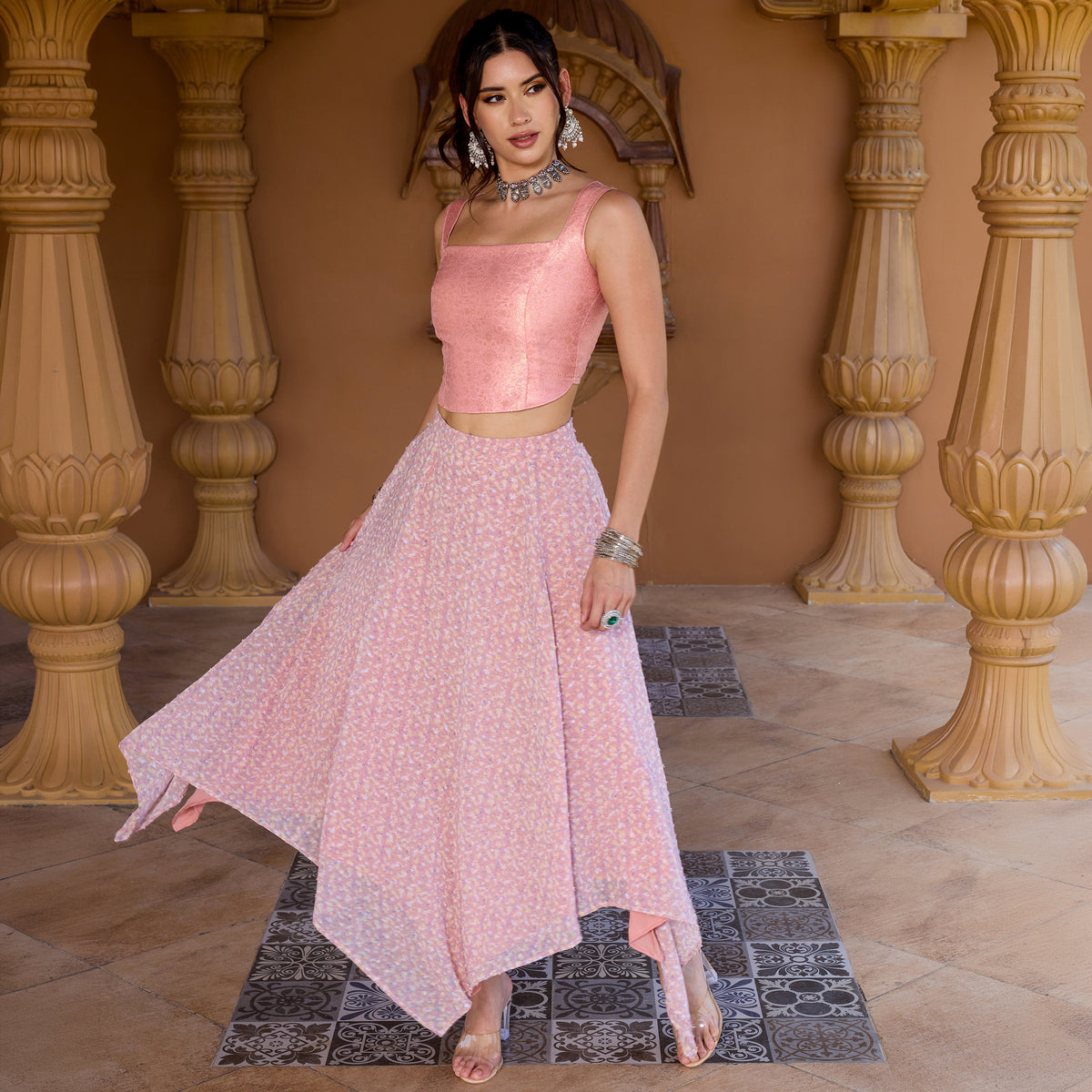Sleeveless Brocade top with Asymetrical Skirt
