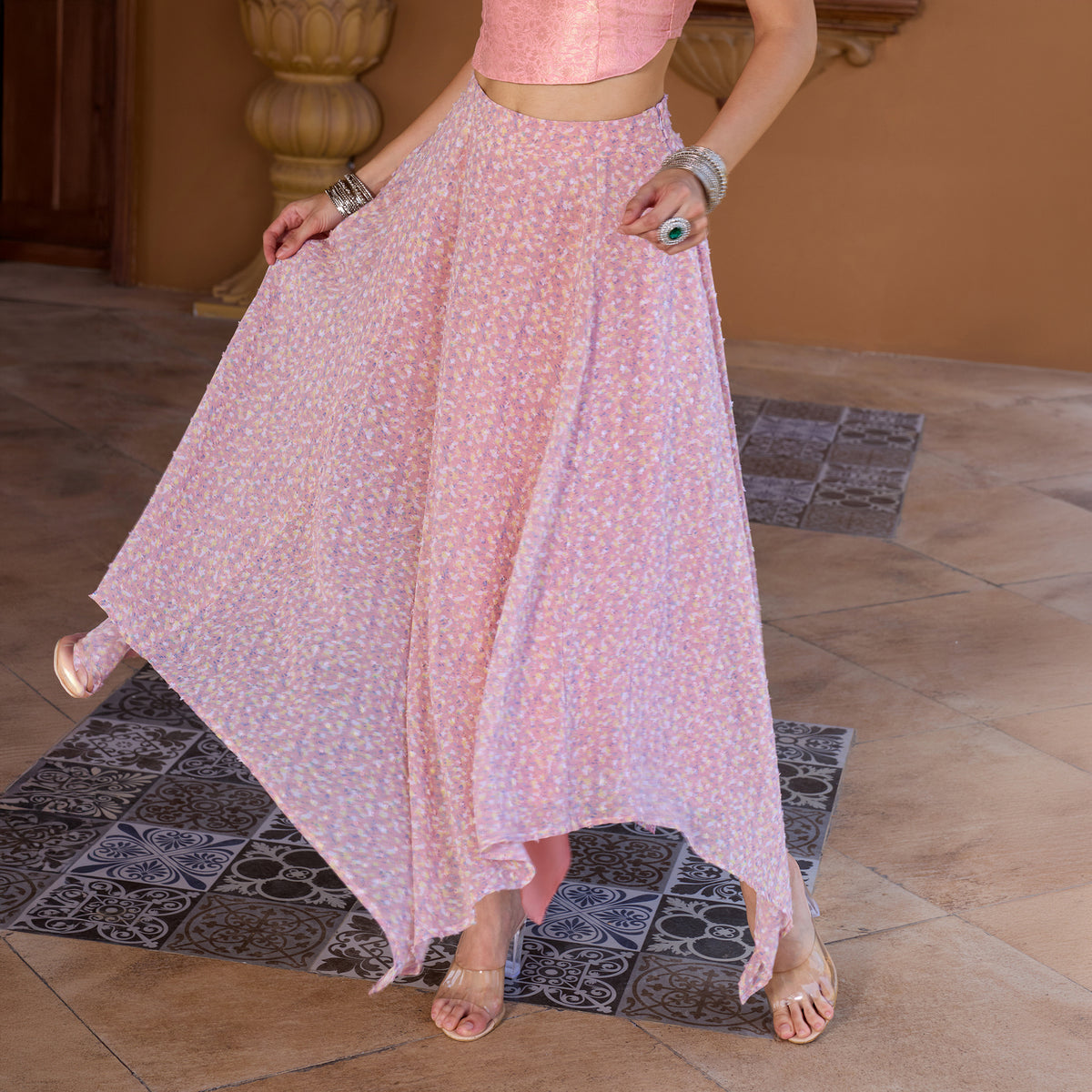 Sleeveless Brocade top with Asymetrical Skirt