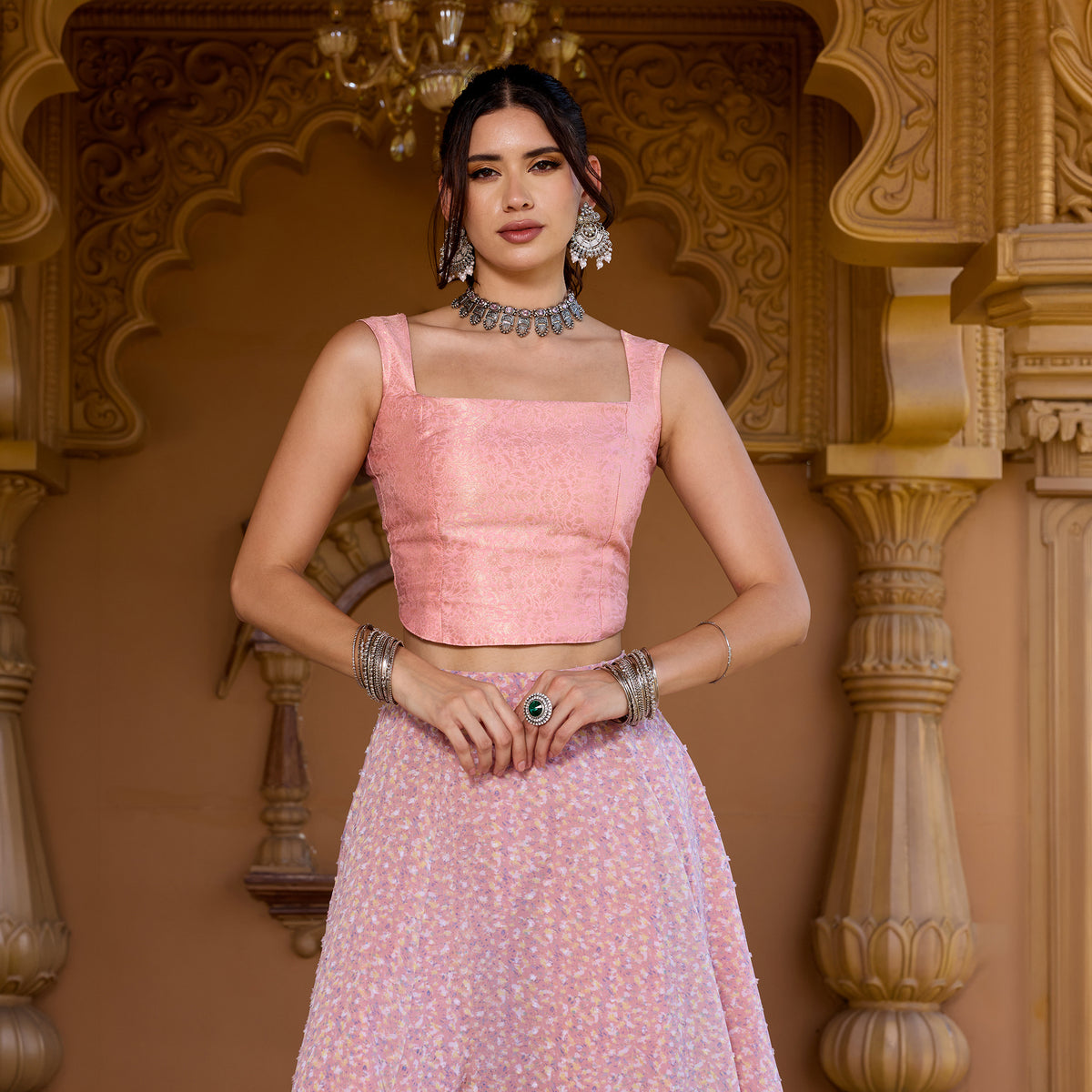 Sleeveless Brocade top with Asymetrical Skirt