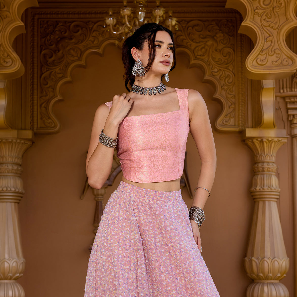Sleeveless Brocade top with Asymetrical Skirt