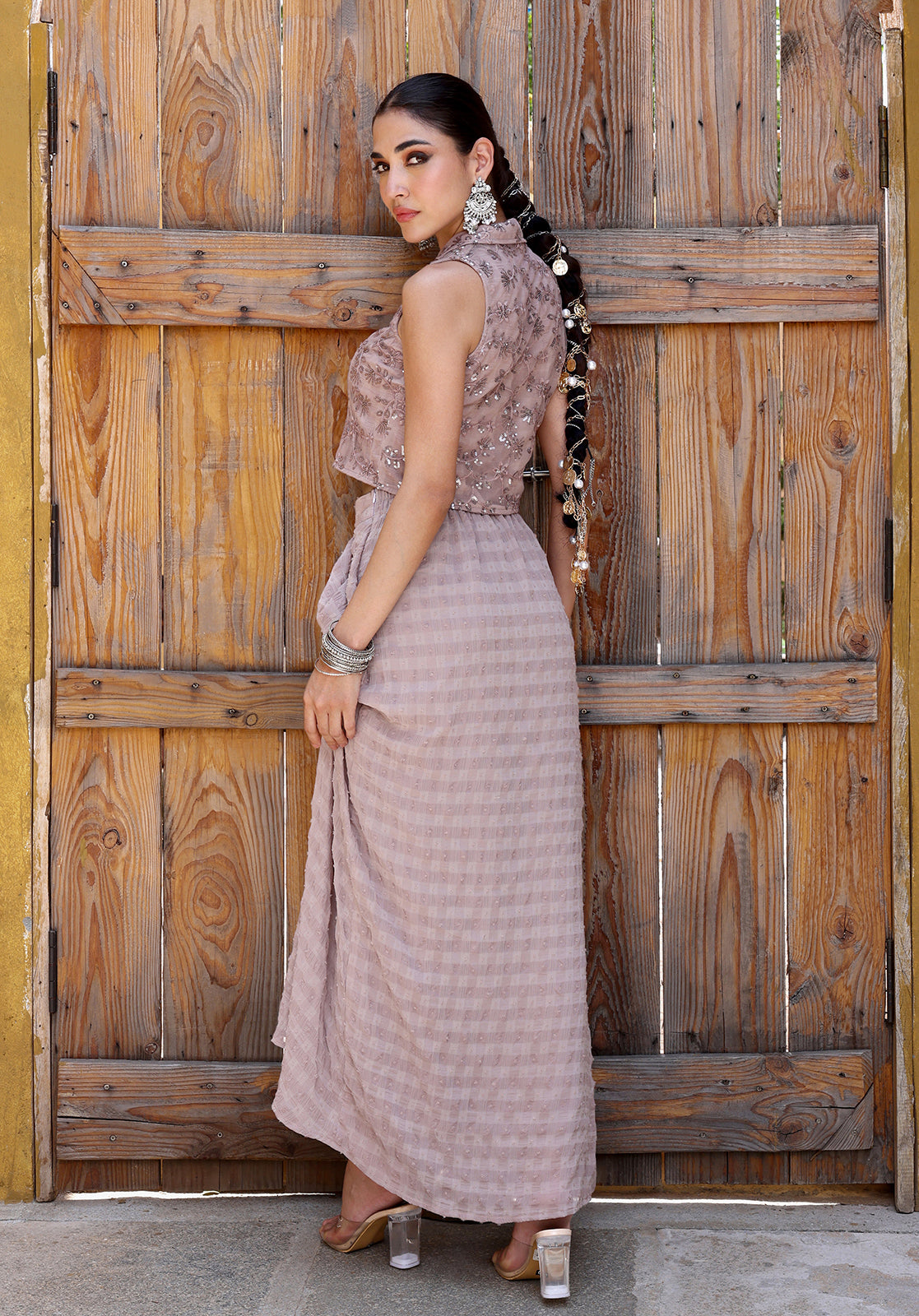 Embroidered Sleeveless Shirt Collar Georgette Mauve  Co-ord Set