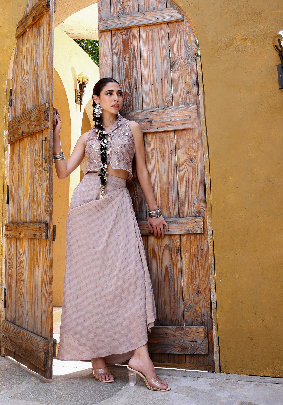 Embroidered Sleeveless Shirt Collar Georgette Mauve  Co-ord Set