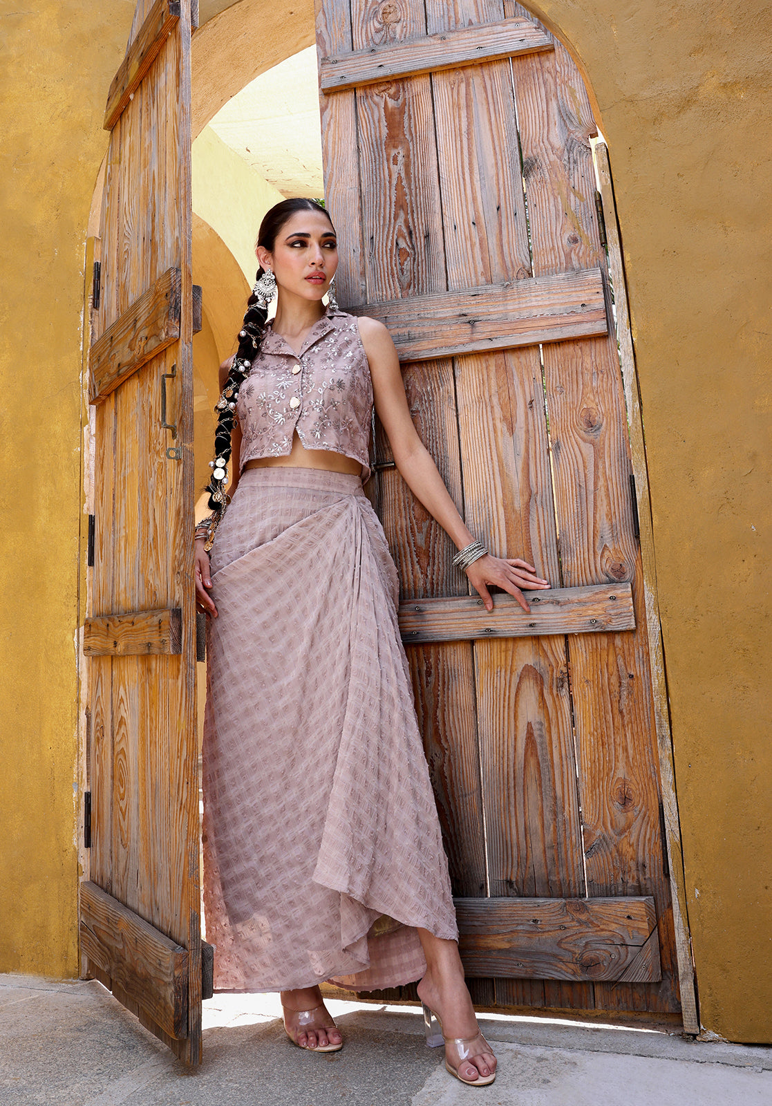 Embroidered Sleeveless Shirt Collar Georgette Mauve  Co-ord Set