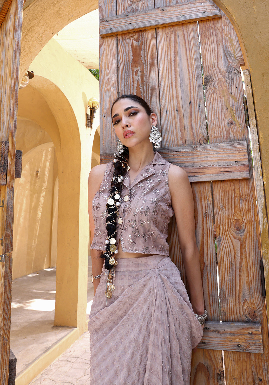 Embroidered Sleeveless Shirt Collar Georgette Mauve  Co-ord Set