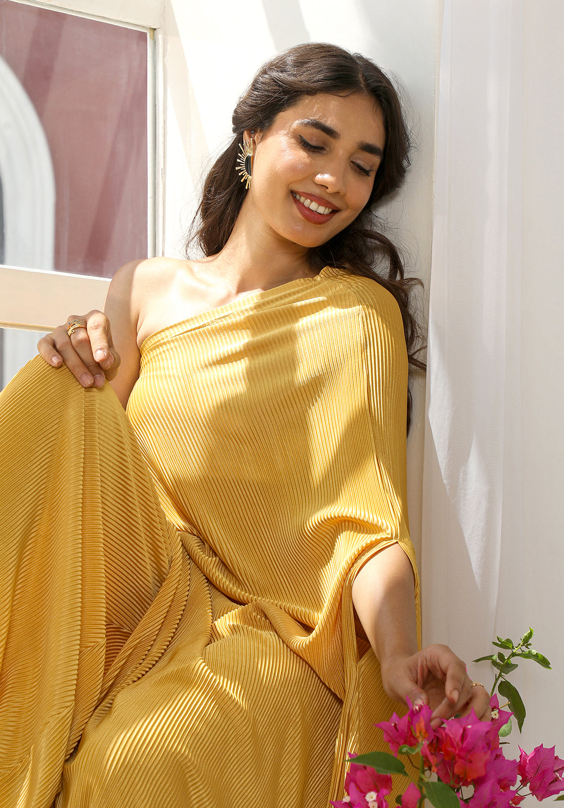 Micro-Pleated Sleeveless One-Shoulder Palazzo Mustard  Co-ord Set