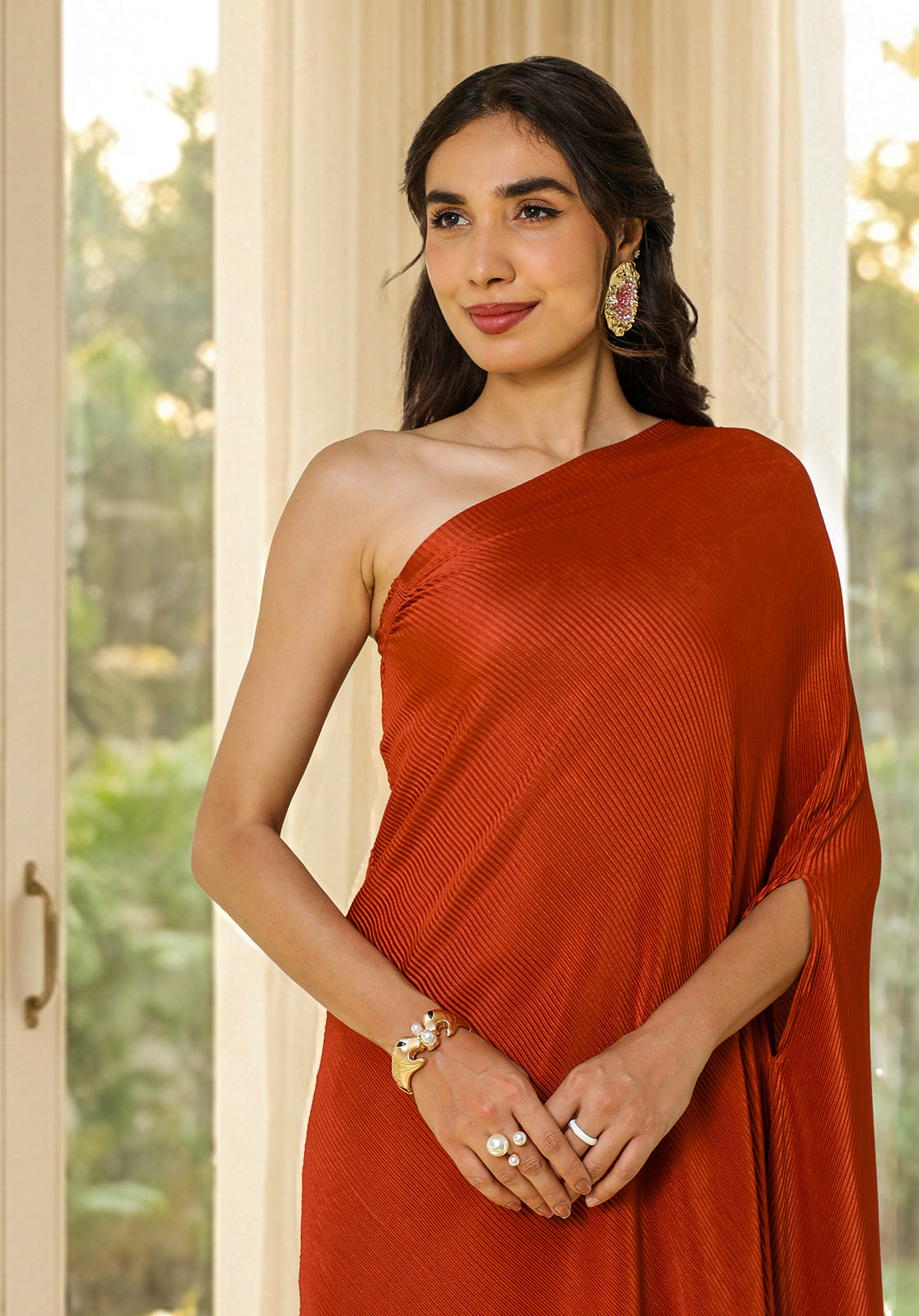 Textured Plisse Sleeveless One Shoulder Rust  Co-ord Set