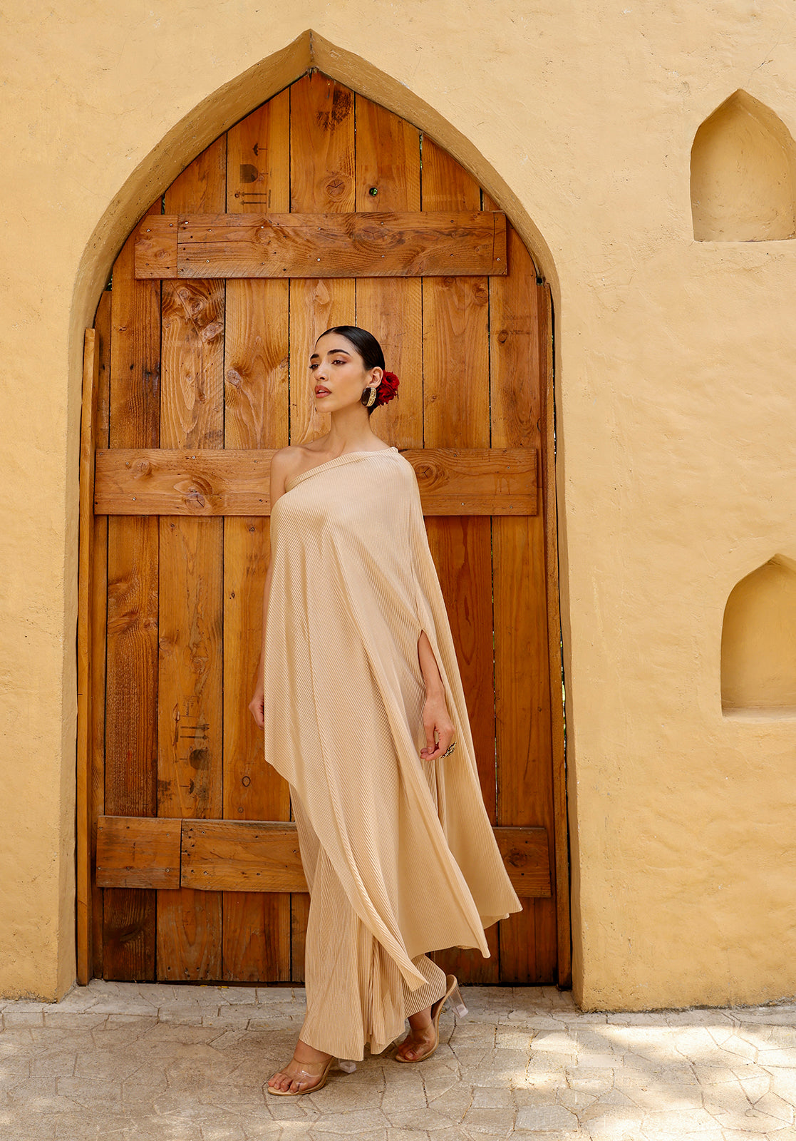 Solid One Shoulder Sleeveless Accordion Pleated Beige  Co-ord Set