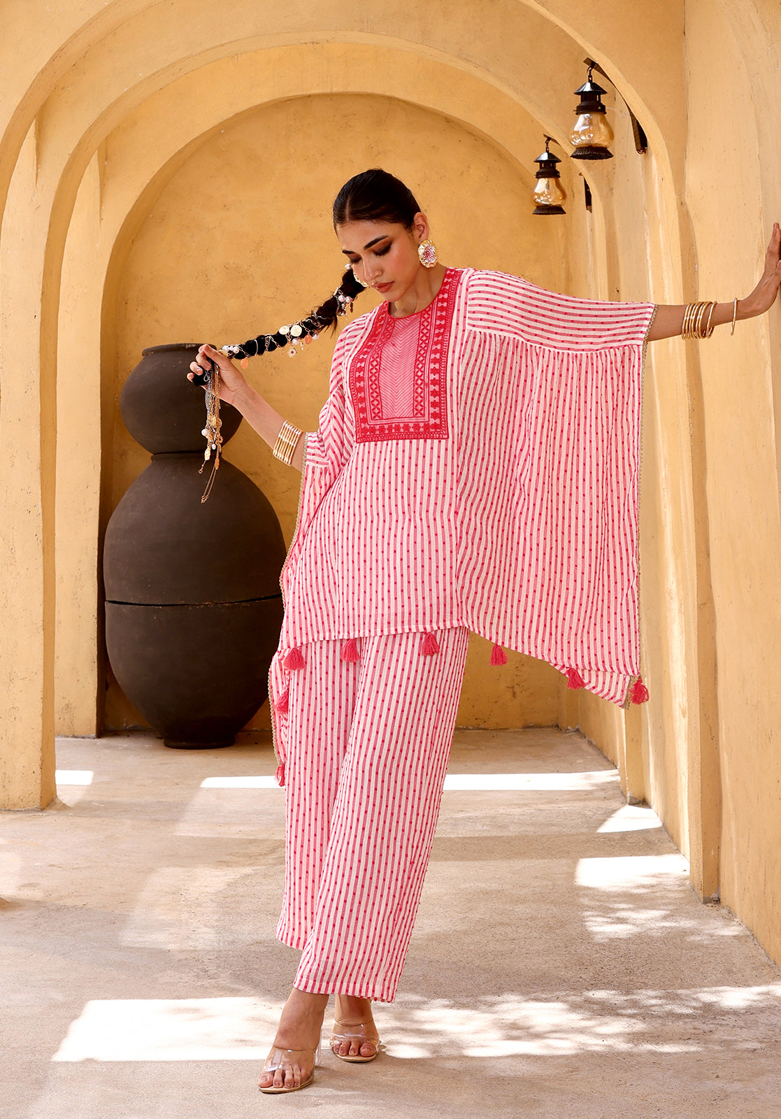 Striped Embroidered Georgette Round Neck Pink  Co-ord Set