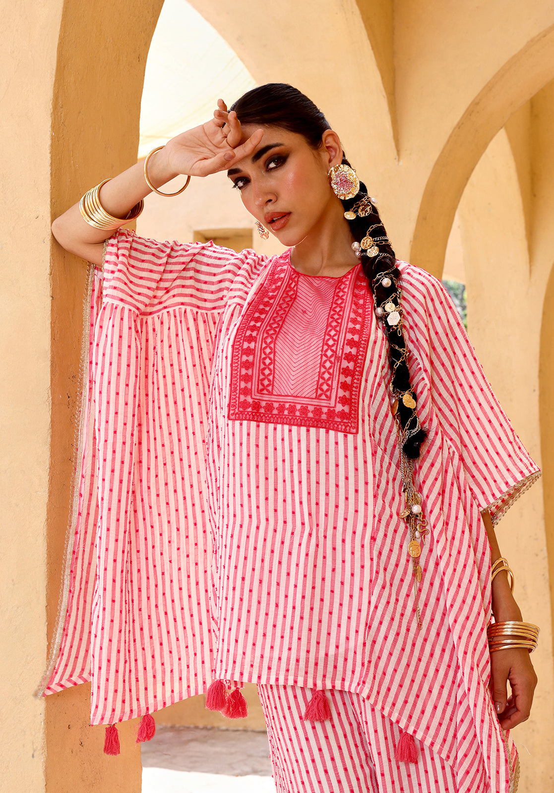 Striped Embroidered Georgette Round Neck Pink  Co-ord Set