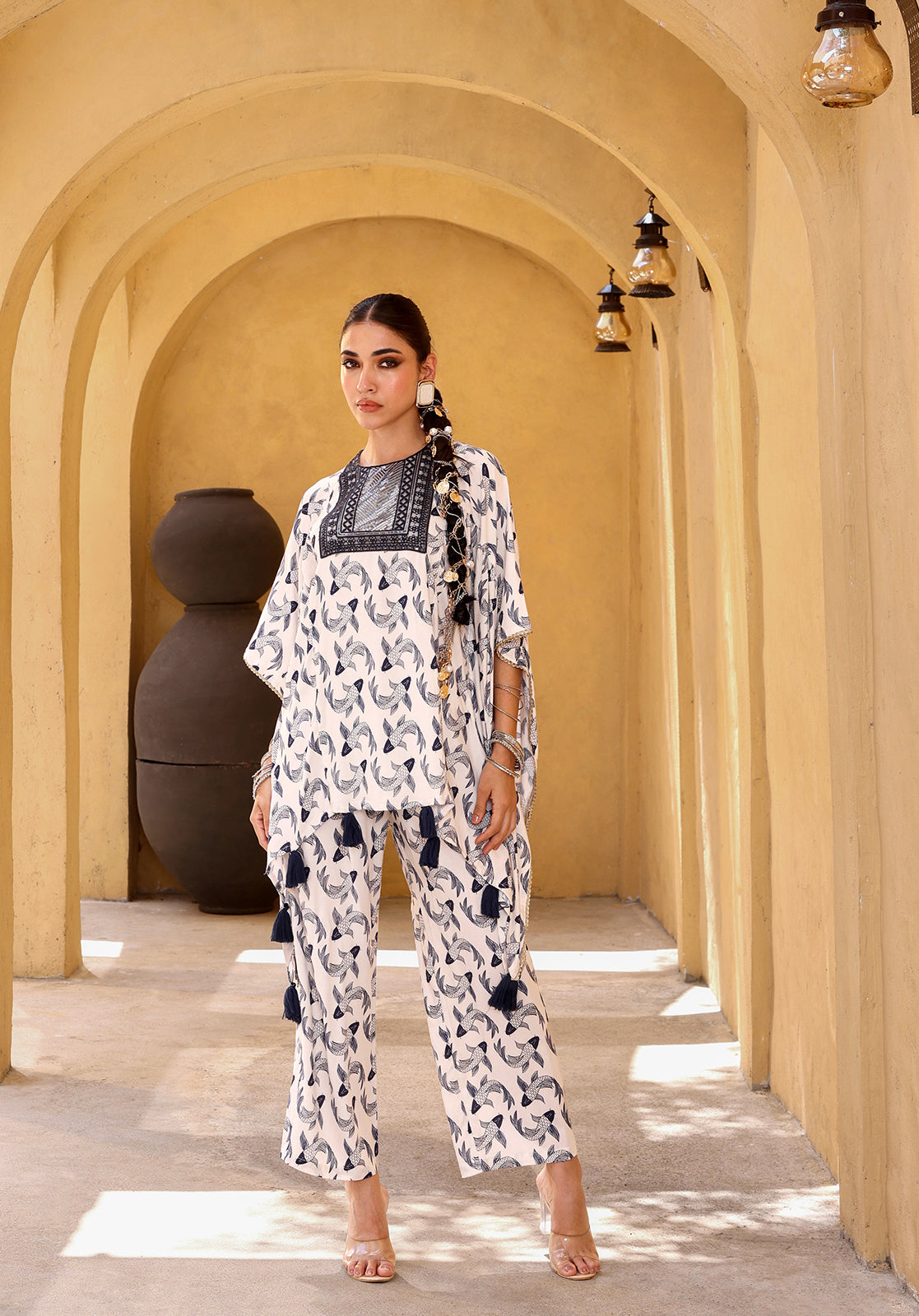 Printed Polycotton 3/4 Sleeves Round Neck Off-White  Co-ord Set