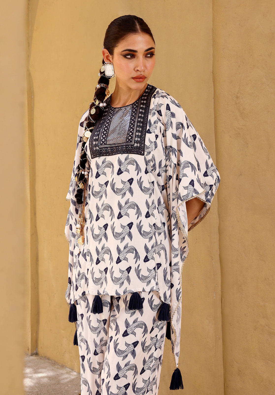 Printed Polycotton 3/4 Sleeves Round Neck Off-White  Co-ord Set
