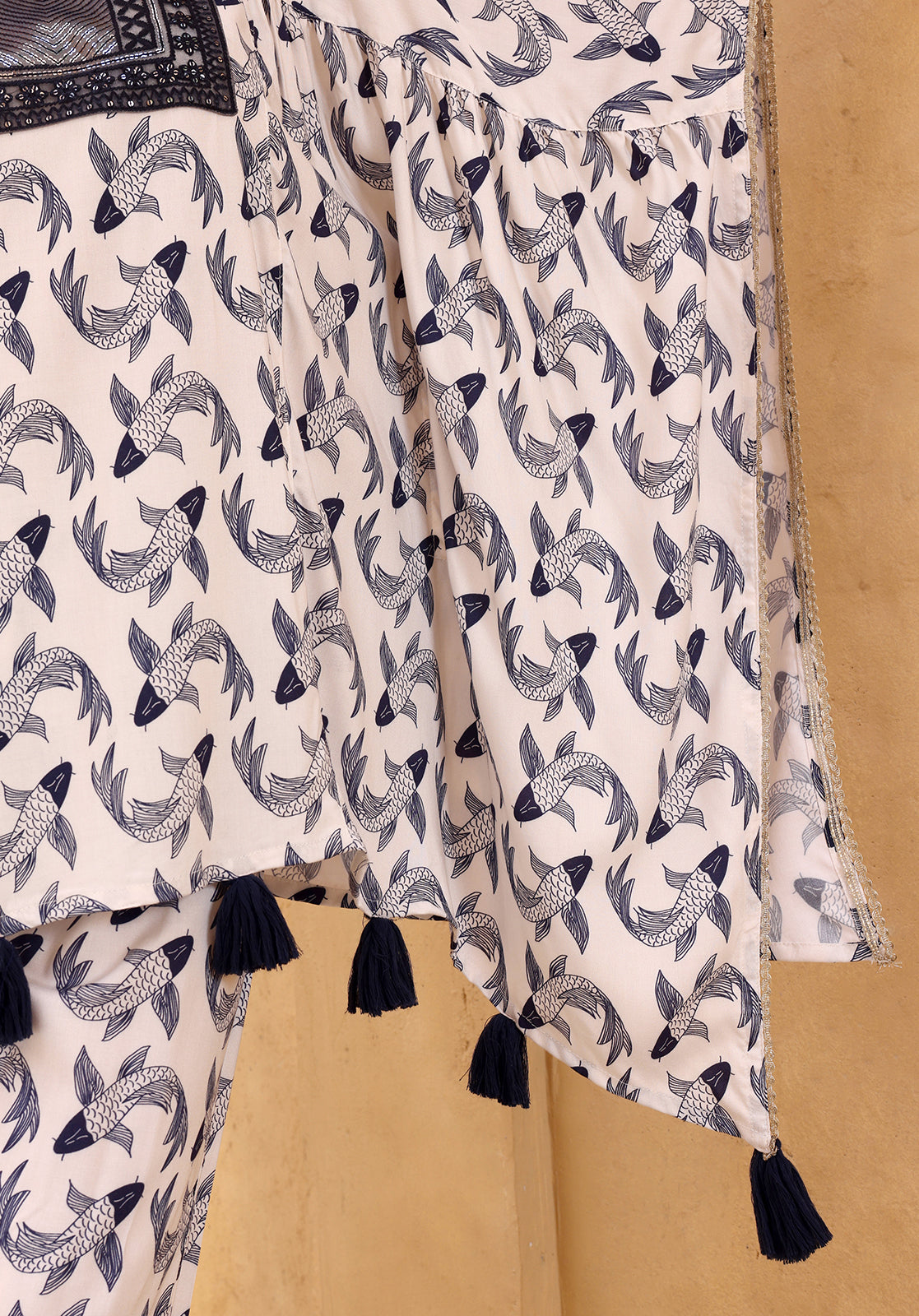 Printed Polycotton 3/4 Sleeves Round Neck Off-White  Co-ord Set