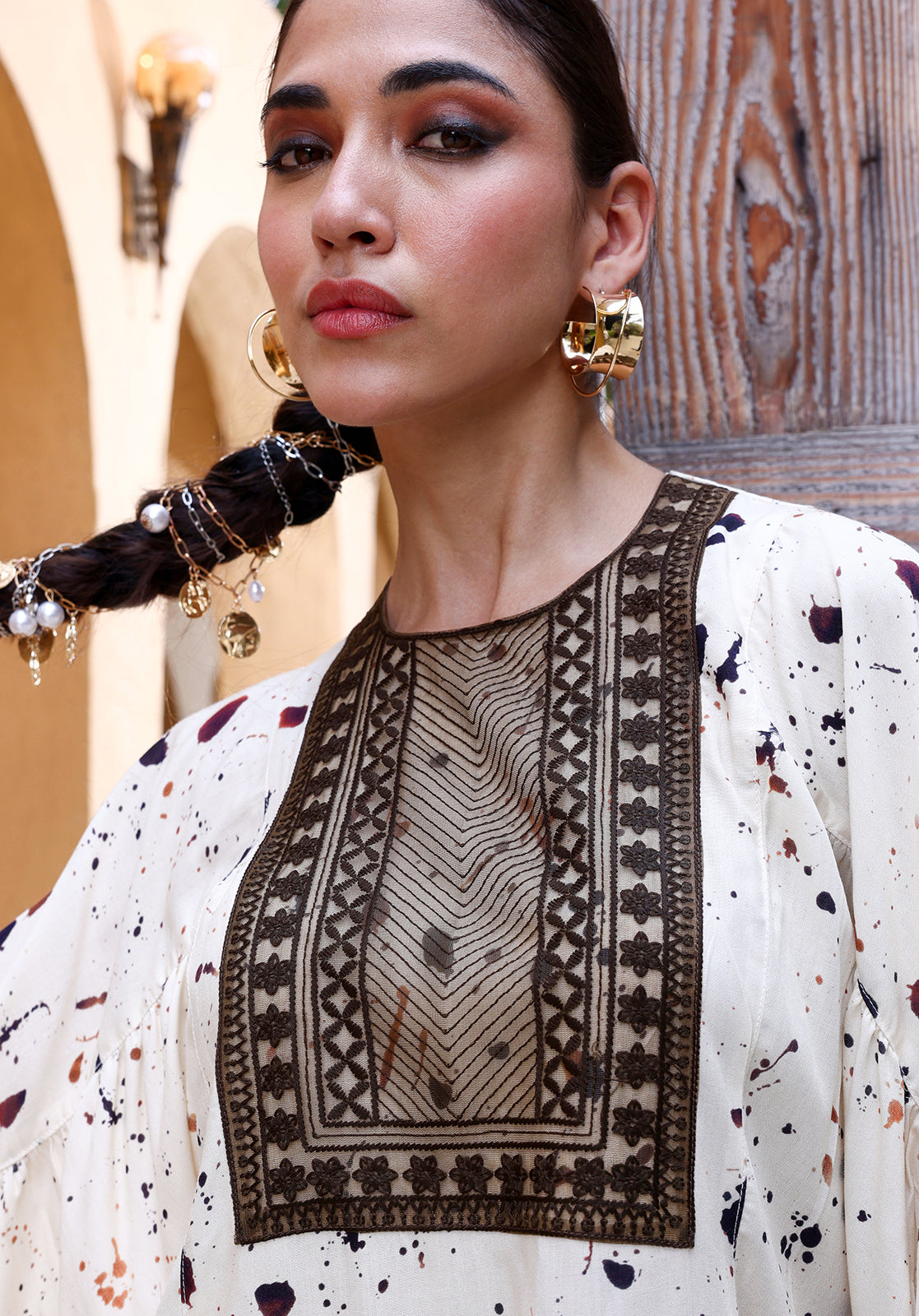 Embroidered Abstract Print Round Neck 3/4th Sleeves Off-White  Co-ord Set