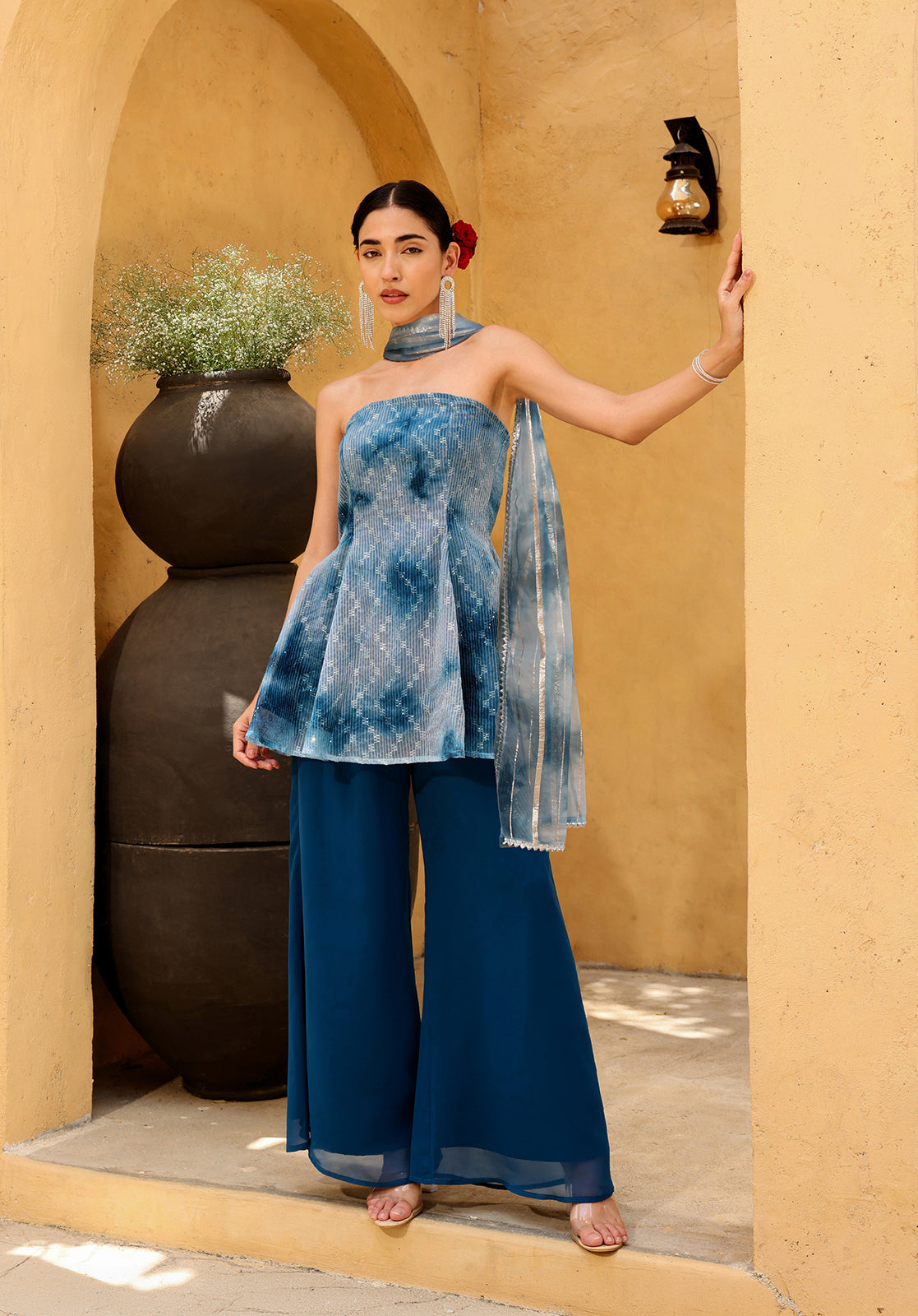 Tie & Dye Poly Georgette Strapless Sleeveless Blue  Co-ord Set