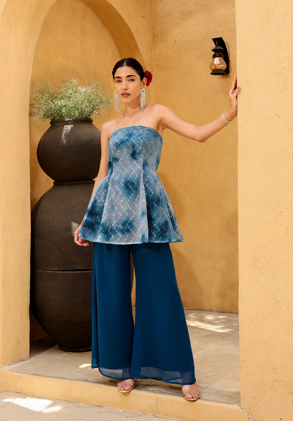 Tie & Dye Poly Georgette Strapless Sleeveless Blue  Co-ord Set