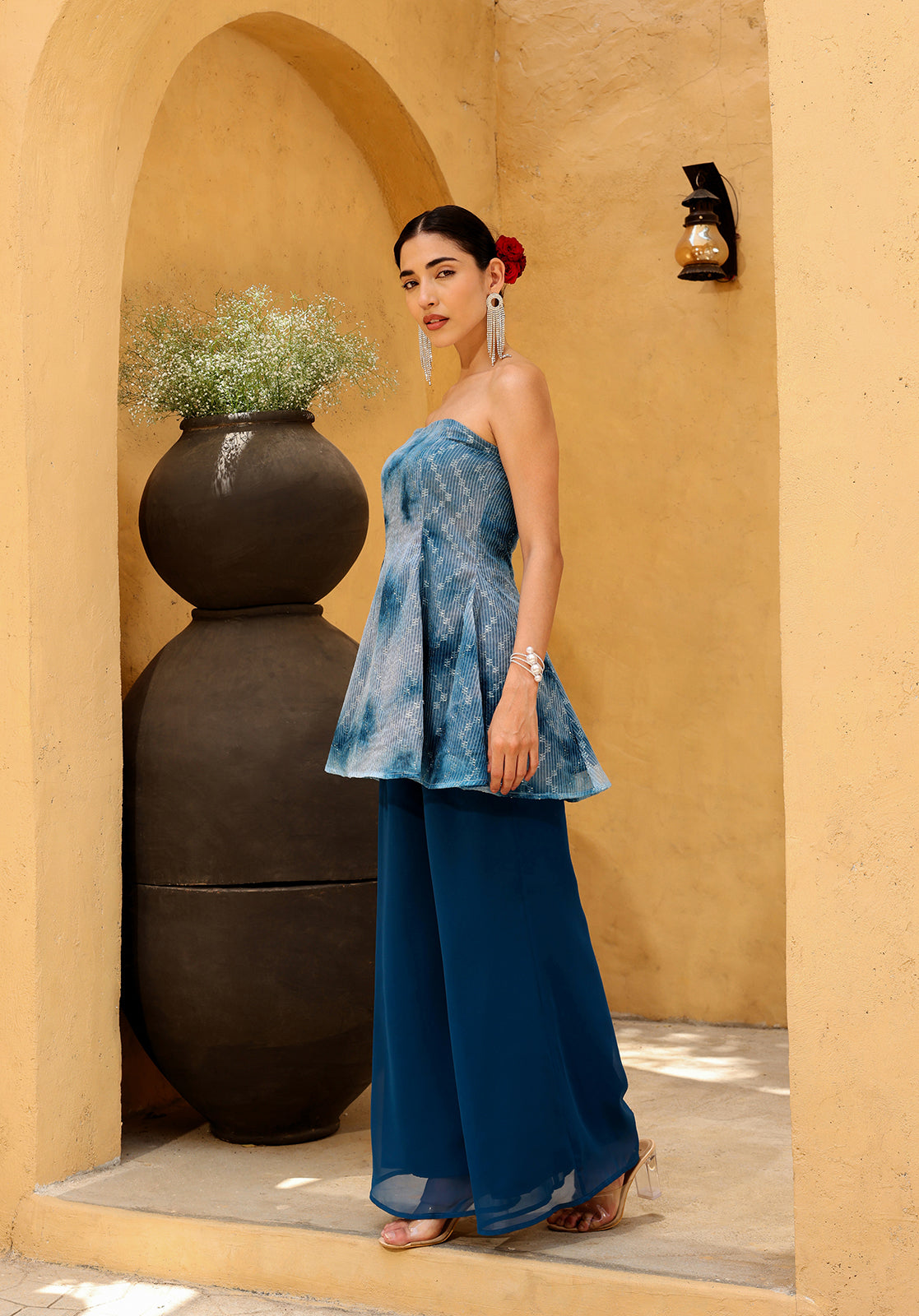 Tie & Dye Poly Georgette Strapless Sleeveless Blue  Co-ord Set