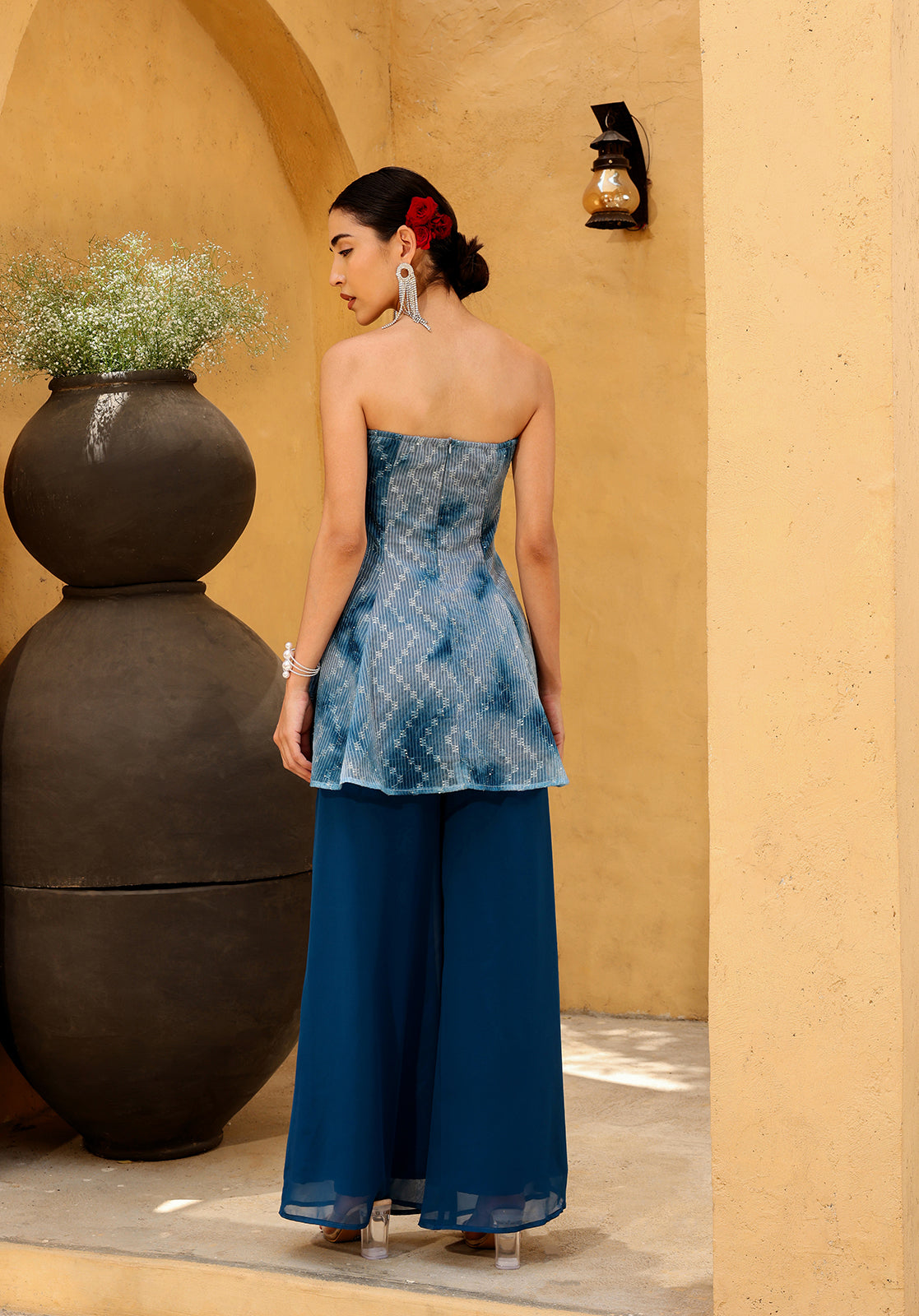 Tie & Dye Poly Georgette Strapless Sleeveless Blue  Co-ord Set