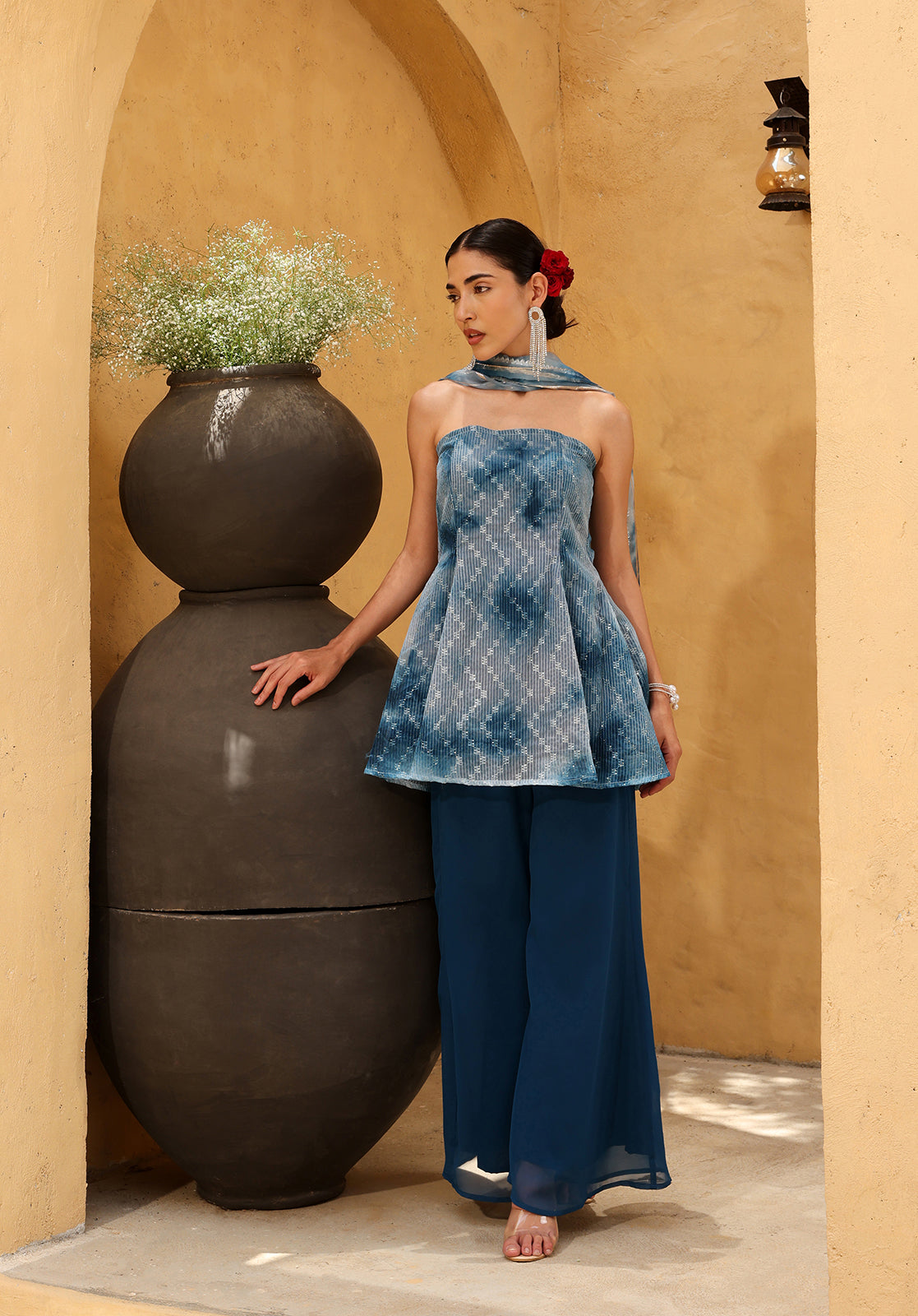 Tie & Dye Poly Georgette Strapless Sleeveless Blue  Co-ord Set