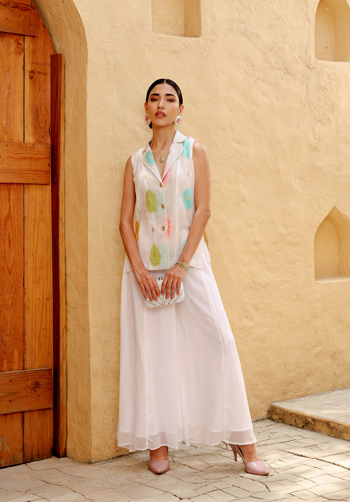 Ethnic Motifs Woven Design Sleeveless Shirt Collar White  Co-ord Set