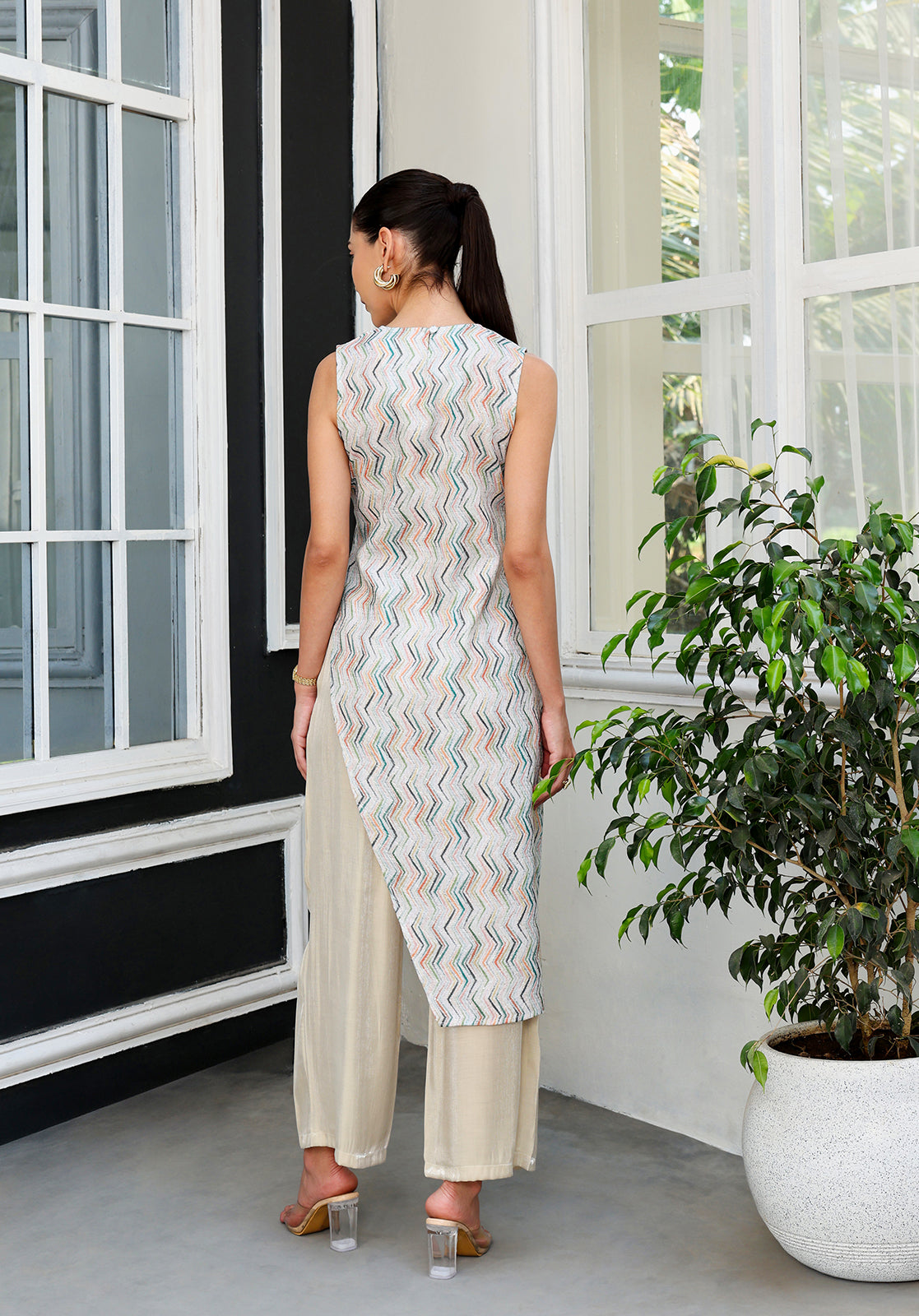Off-White Polyblend Asymmetric Kurta & Palazzos Set