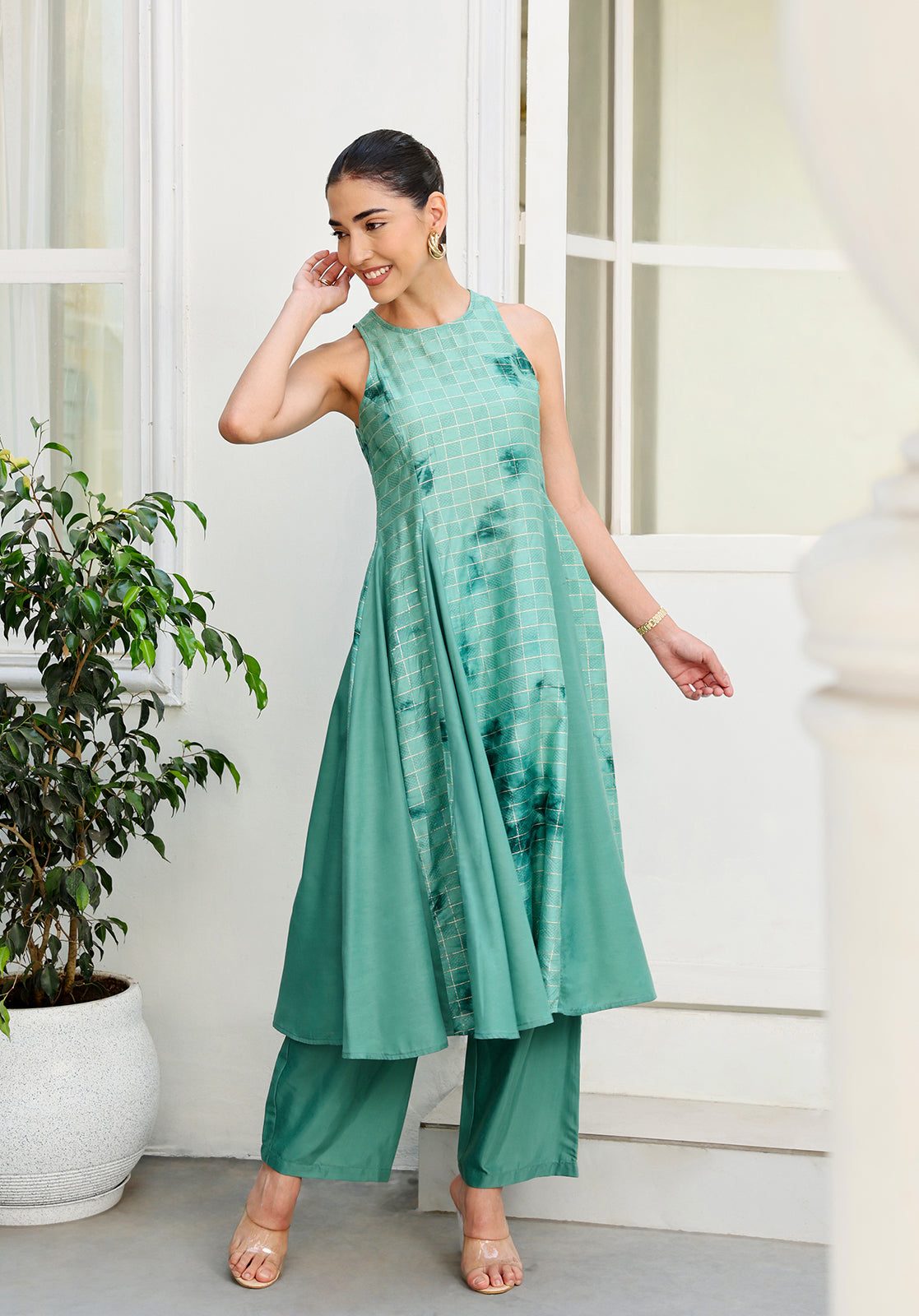Green Polyblend Asymmetric Kurta with Trousers