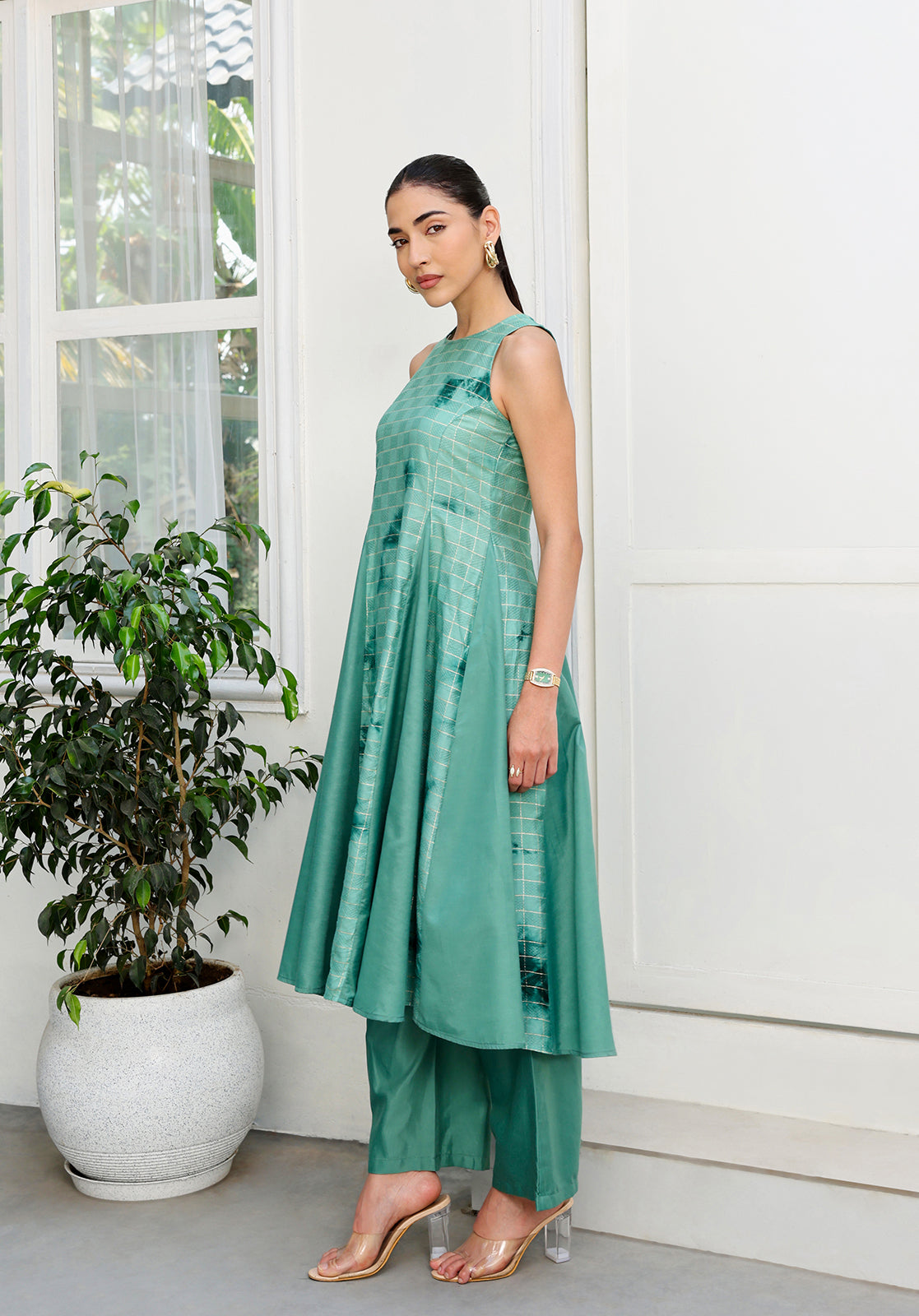 Green Polyblend Asymmetric Kurta with Trousers