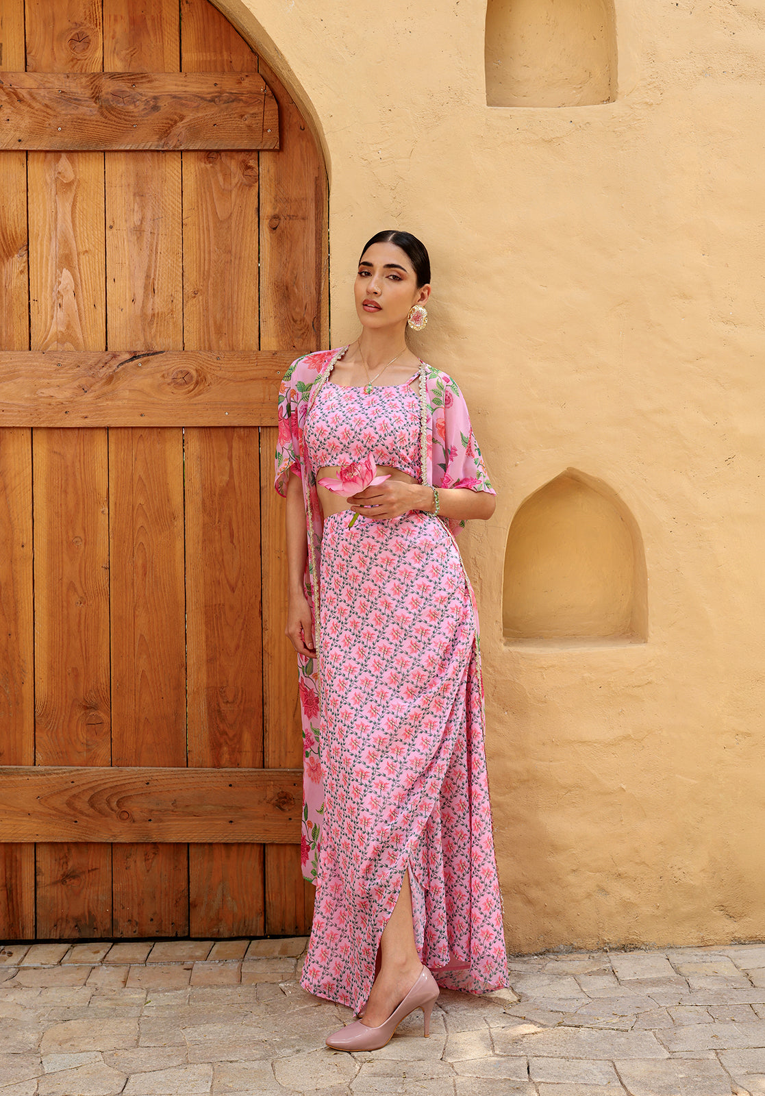 Floral Poly Georgette Square Neck Sleeveless Pink  Co-ord Set