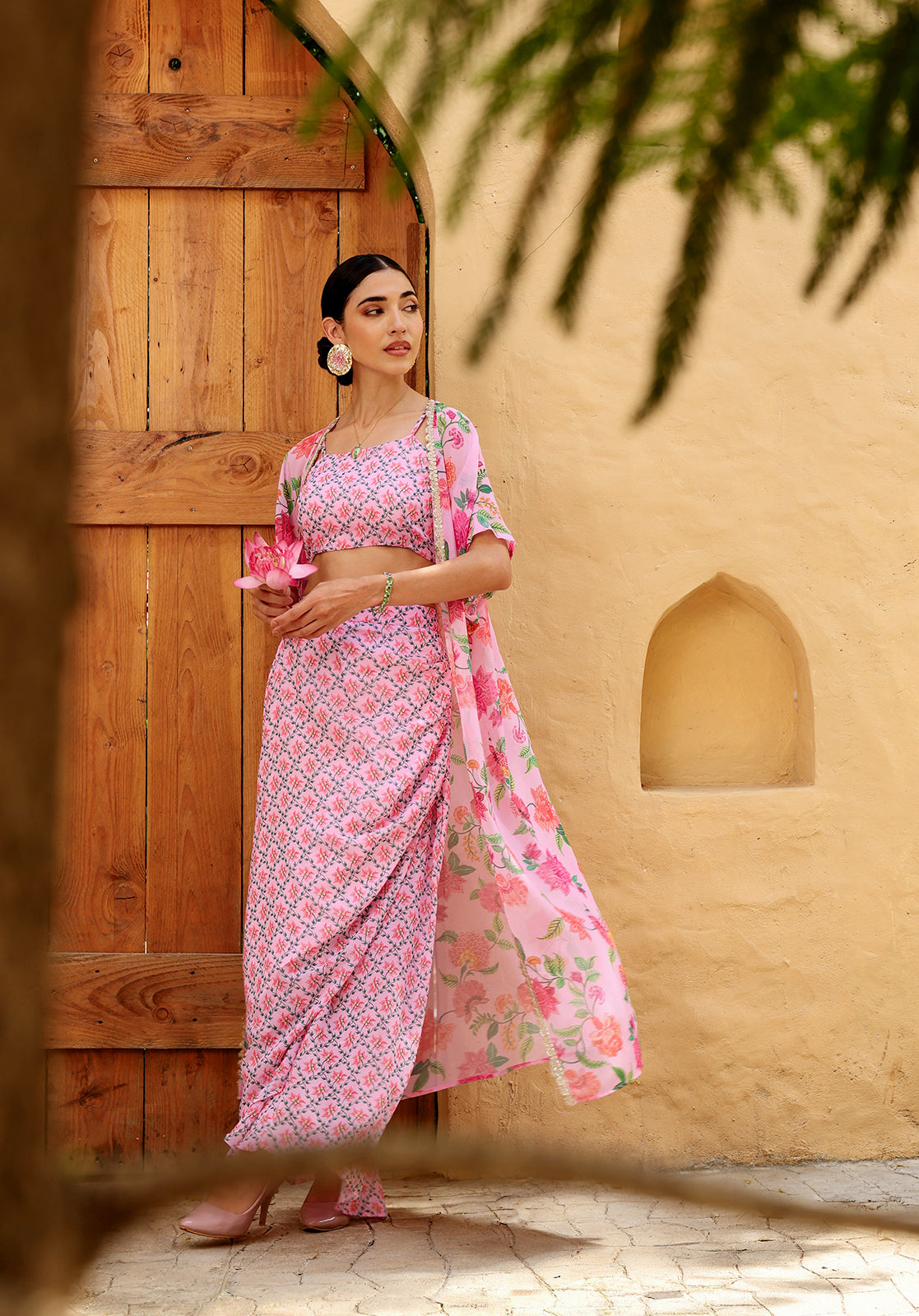 Floral Poly Georgette Square Neck Sleeveless Pink  Co-ord Set