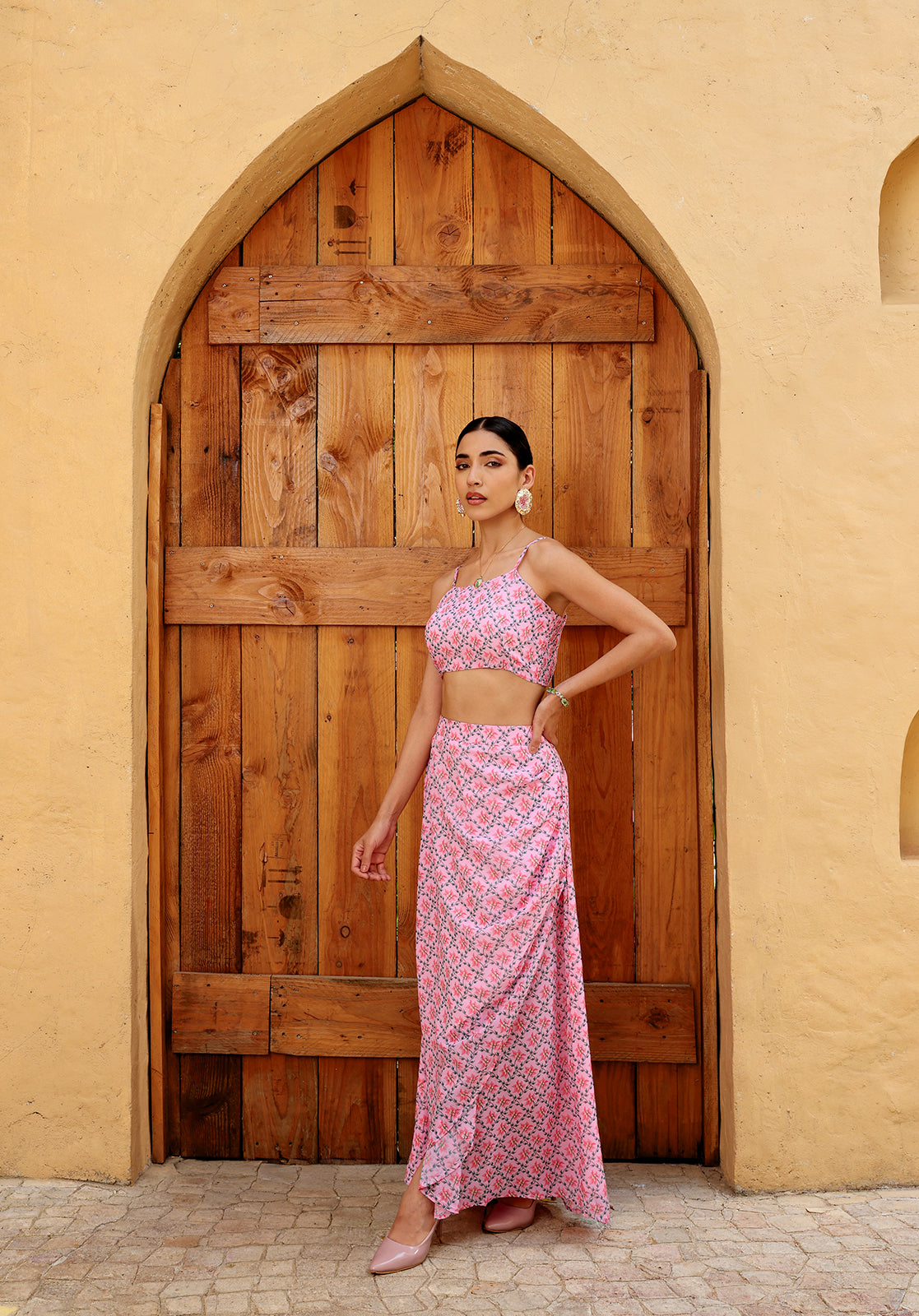 Floral Poly Georgette Square Neck Sleeveless Pink  Co-ord Set