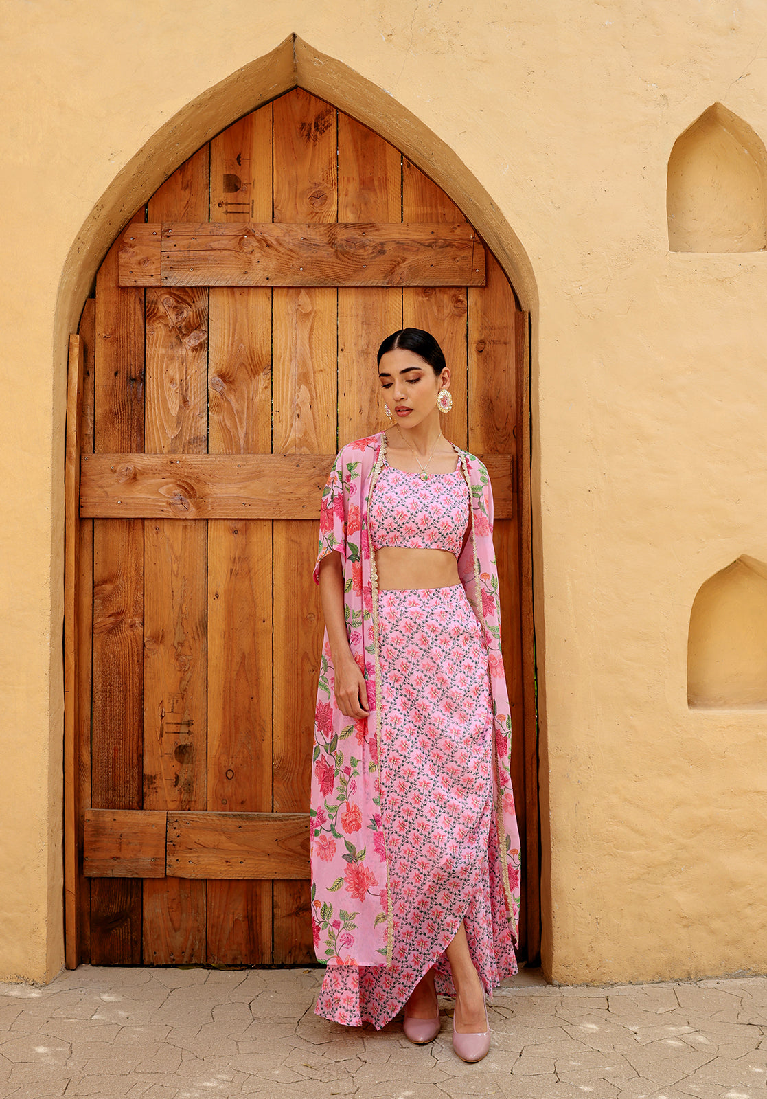Floral Poly Georgette Square Neck Sleeveless Pink  Co-ord Set
