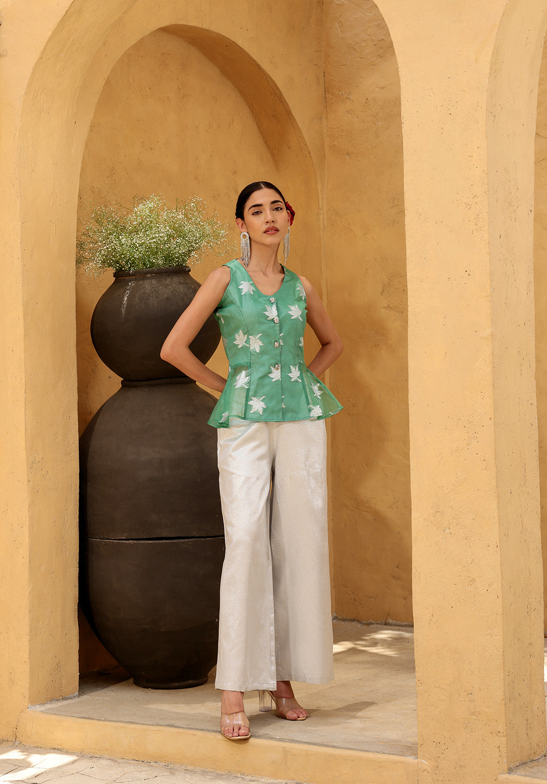 Embroidered Sleeveless V-Neck Woven Green  Co-ord Set