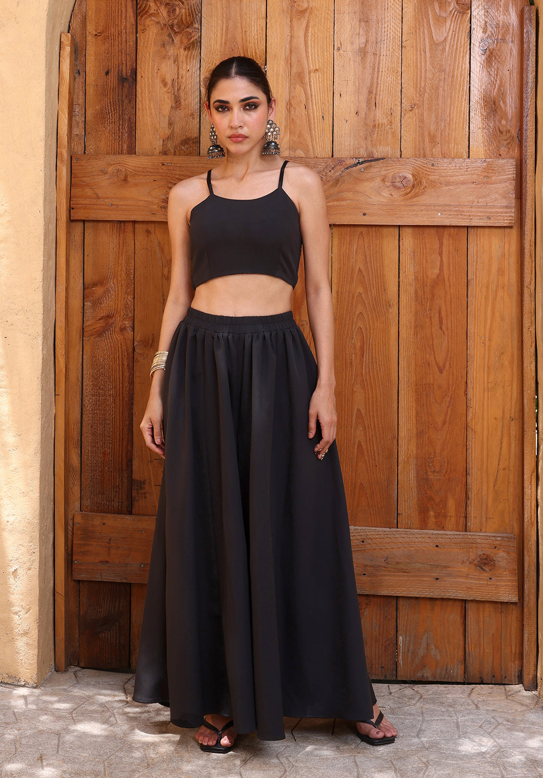 Self-Design Sleeveless Boat Neck Palazzo Black  Co-ord Set
