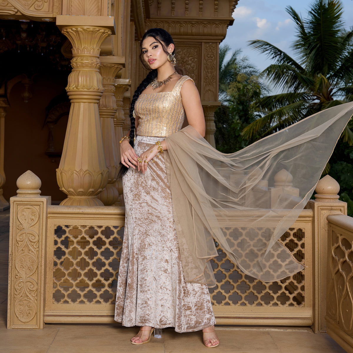 Velvet lehenga with sequin top and dupatta