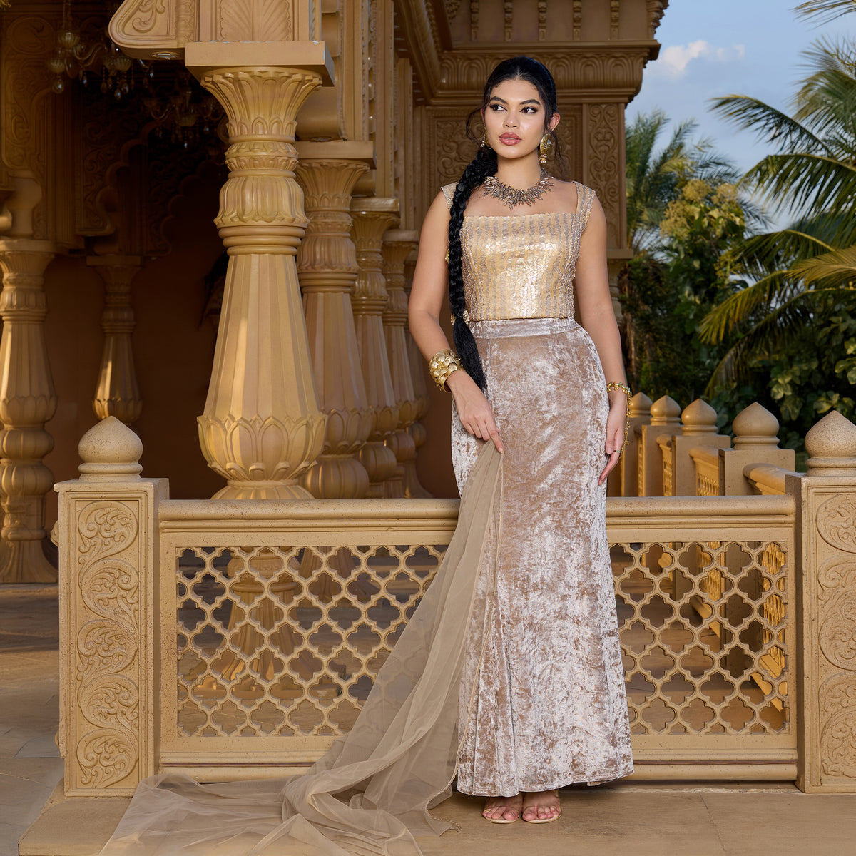 Velvet lehenga with sequin top and dupatta