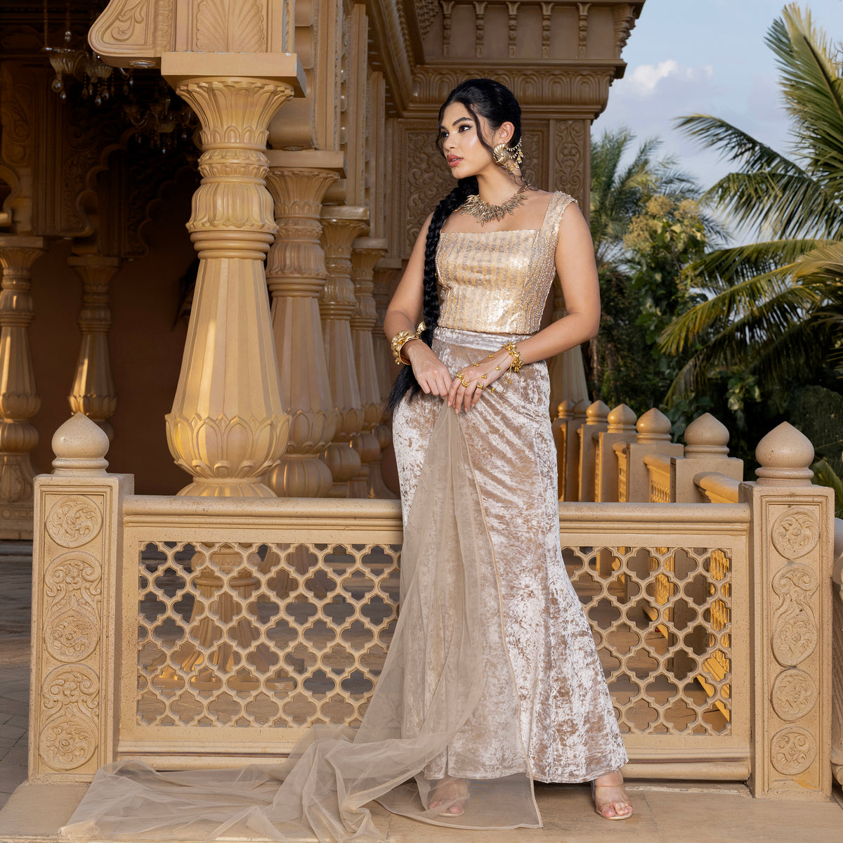 Velvet lehenga with sequin top and dupatta