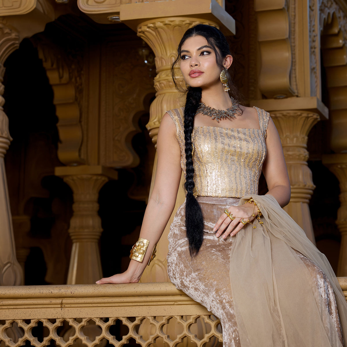 Velvet lehenga with sequin top and dupatta