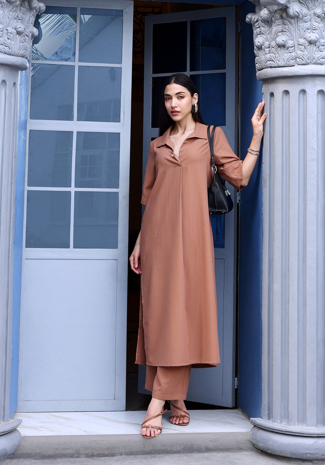 Brown Polyblend Kurta & Trouser Set