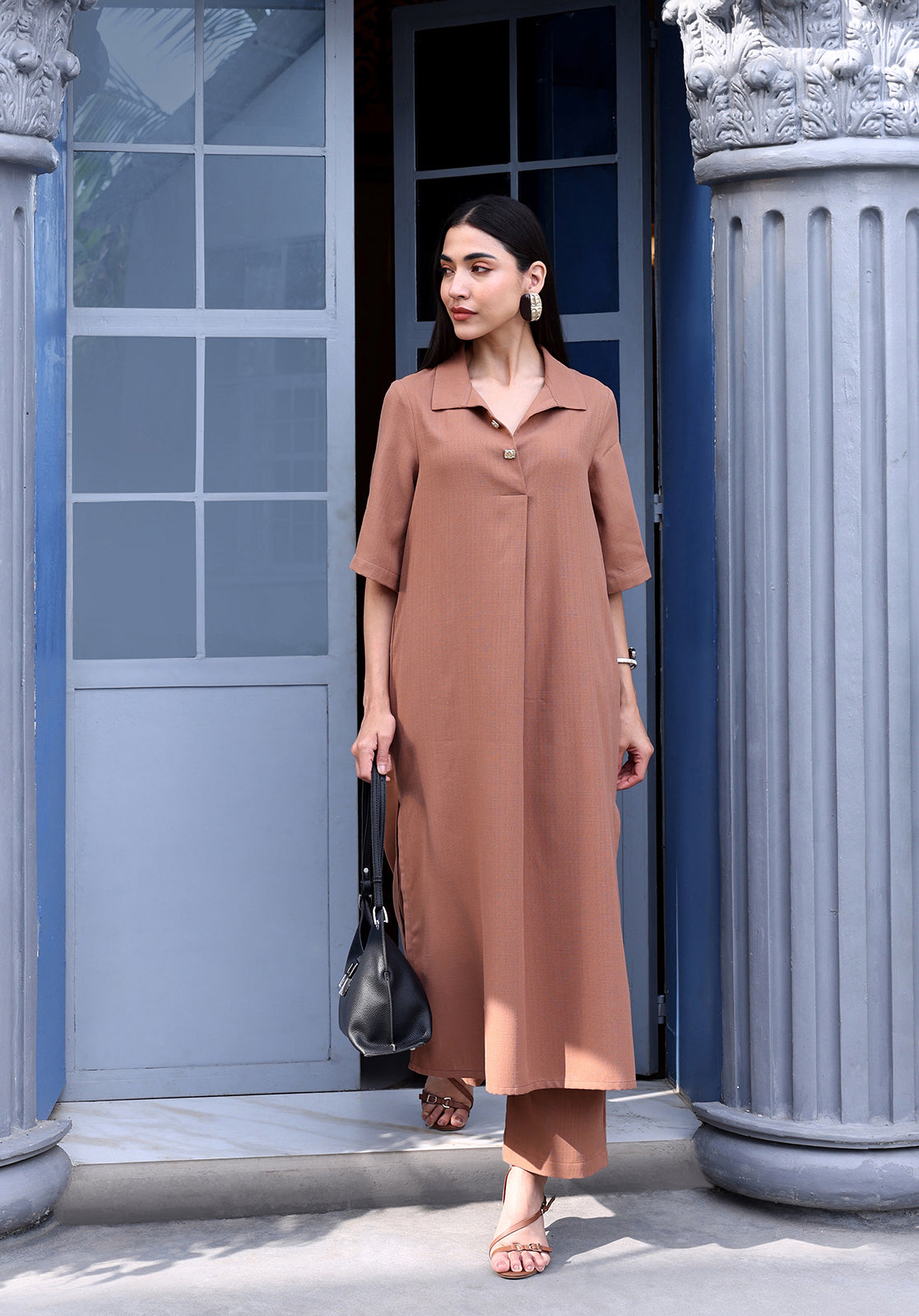 Brown Polyblend Kurta & Trouser Set