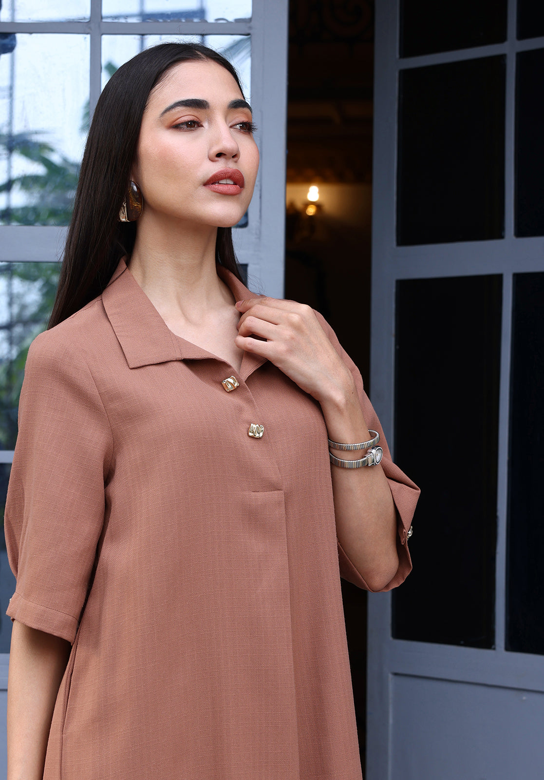 Brown Polyblend Kurta & Trouser Set