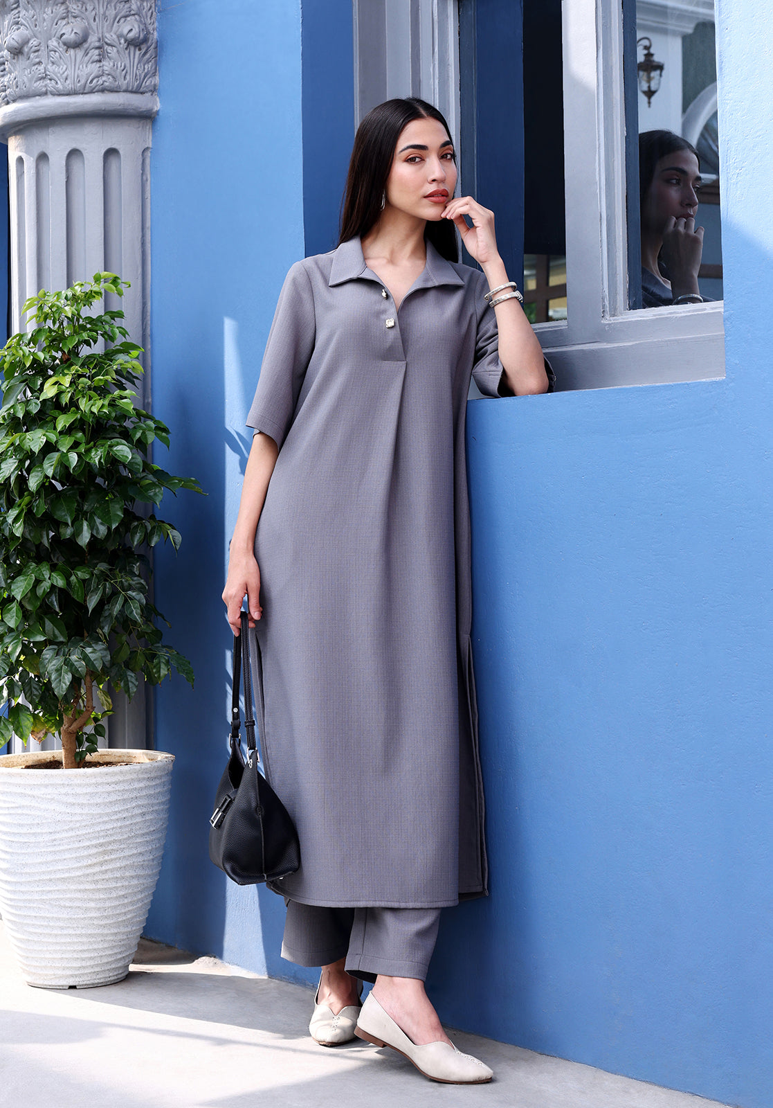 Grey Polyblend Straight Kurta & Trousers Set
