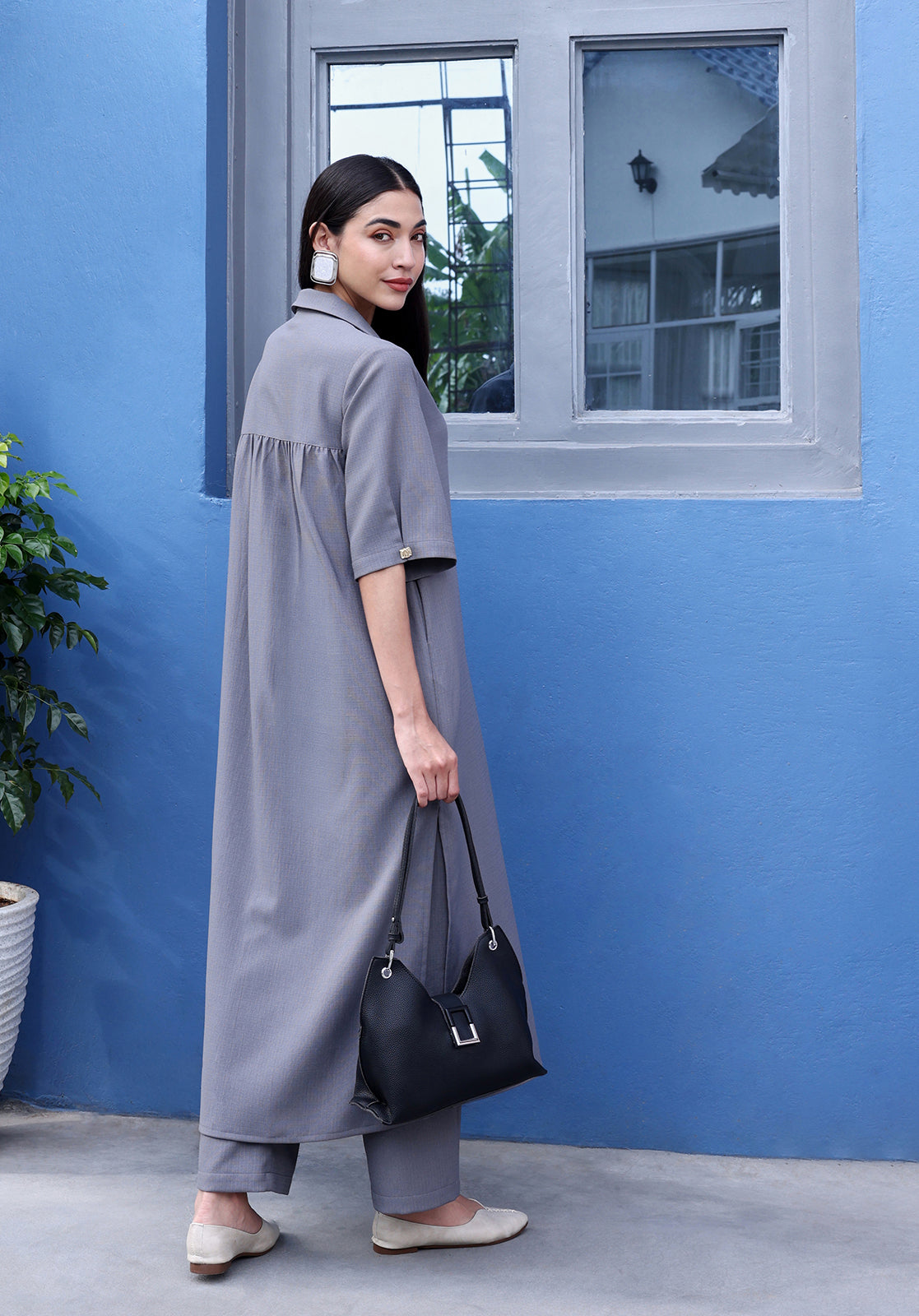 Grey Polyblend Straight Kurta & Trousers Set