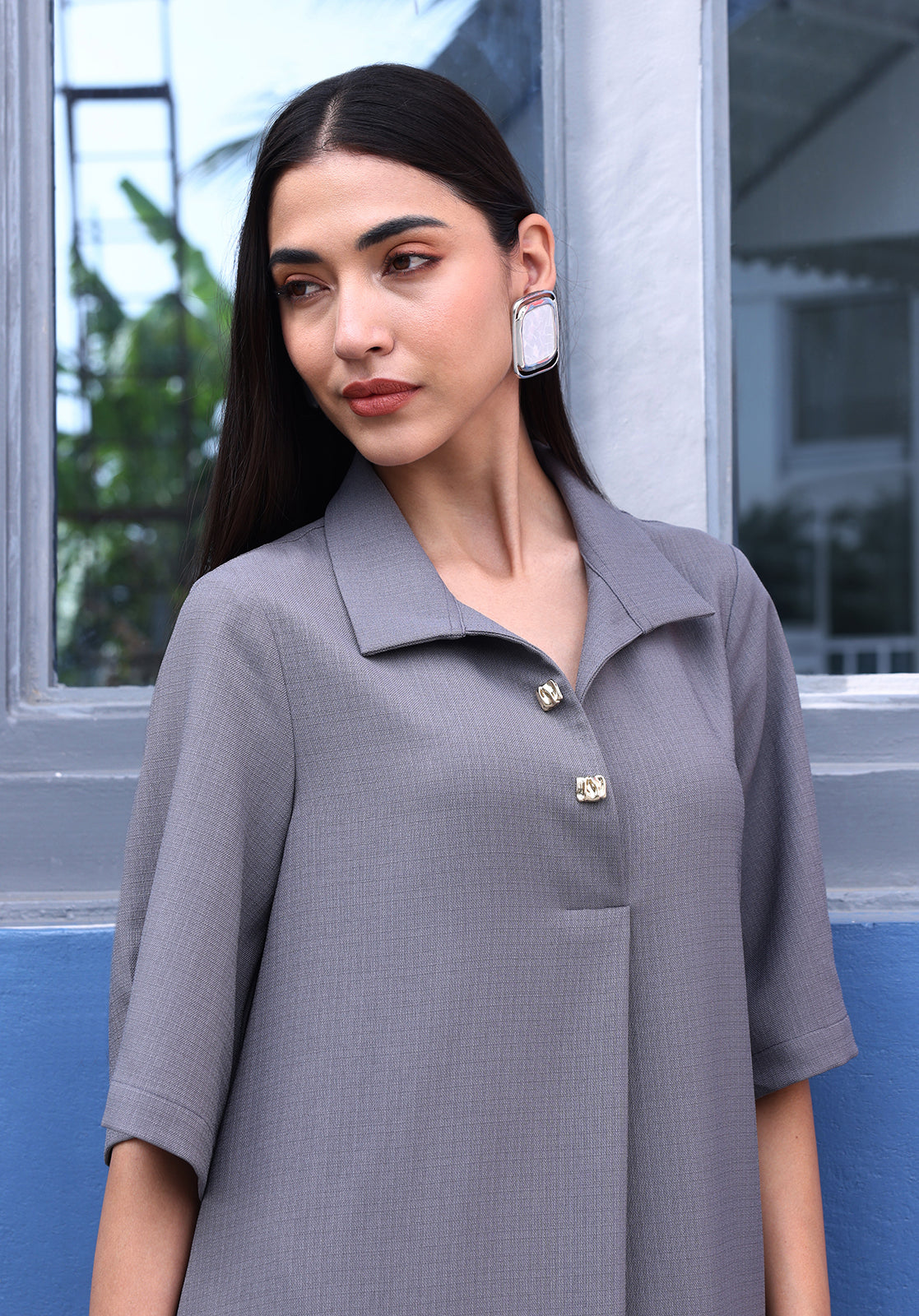 Grey Polyblend Straight Kurta & Trousers Set