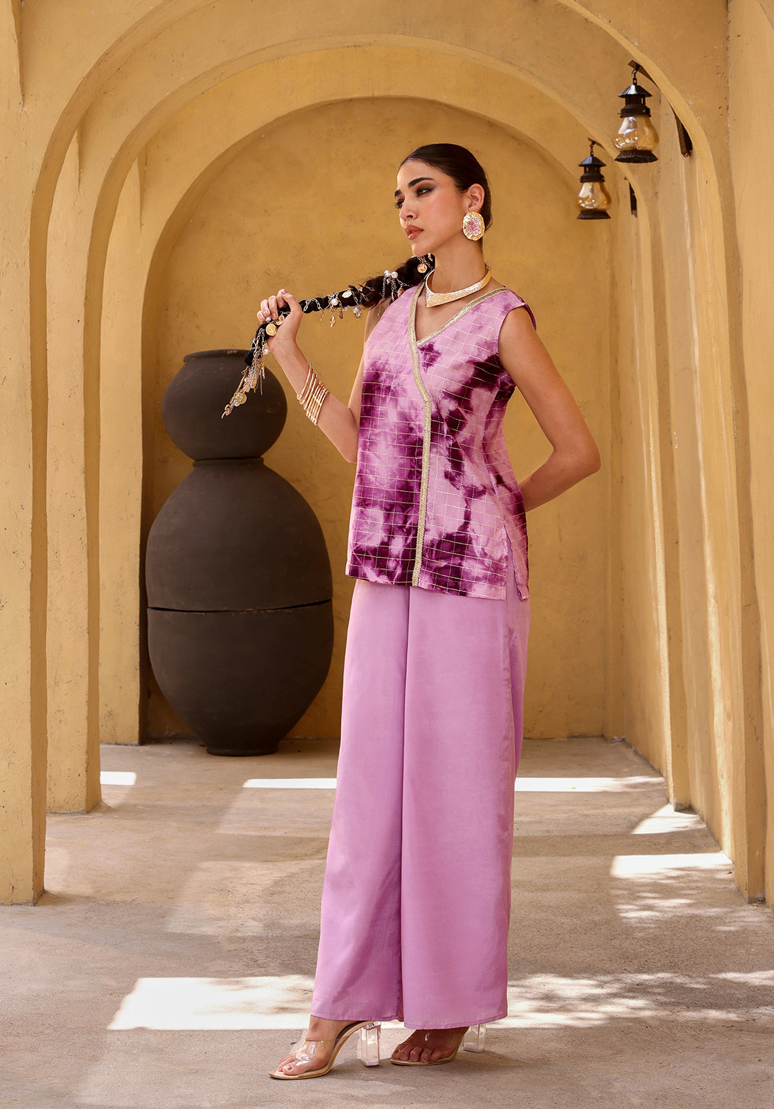 Tie & Dye Polyester-Blend Sleeveless V-Neck Purple  Co-ord Set