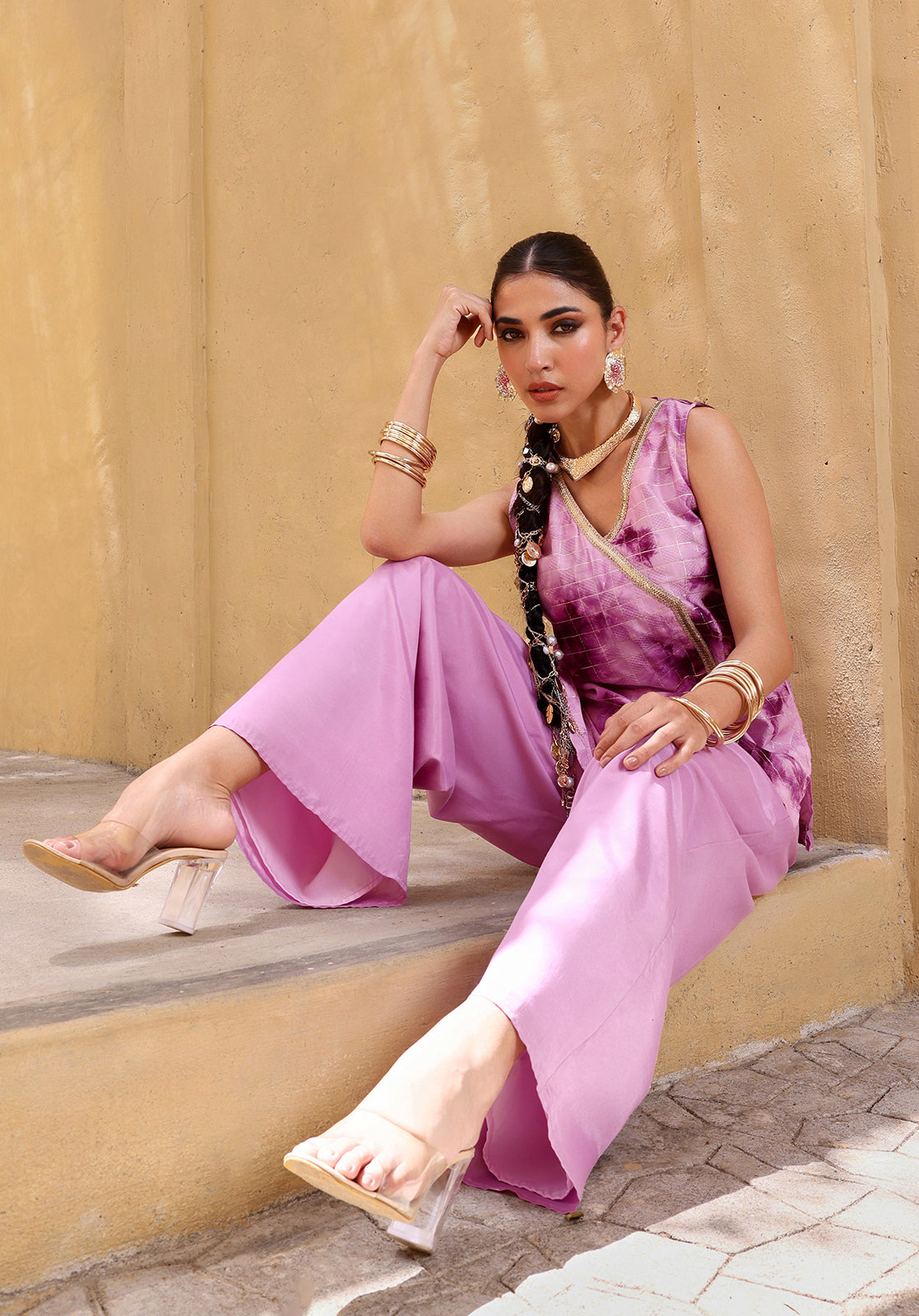 Tie & Dye Polyester-Blend Sleeveless V-Neck Purple  Co-ord Set