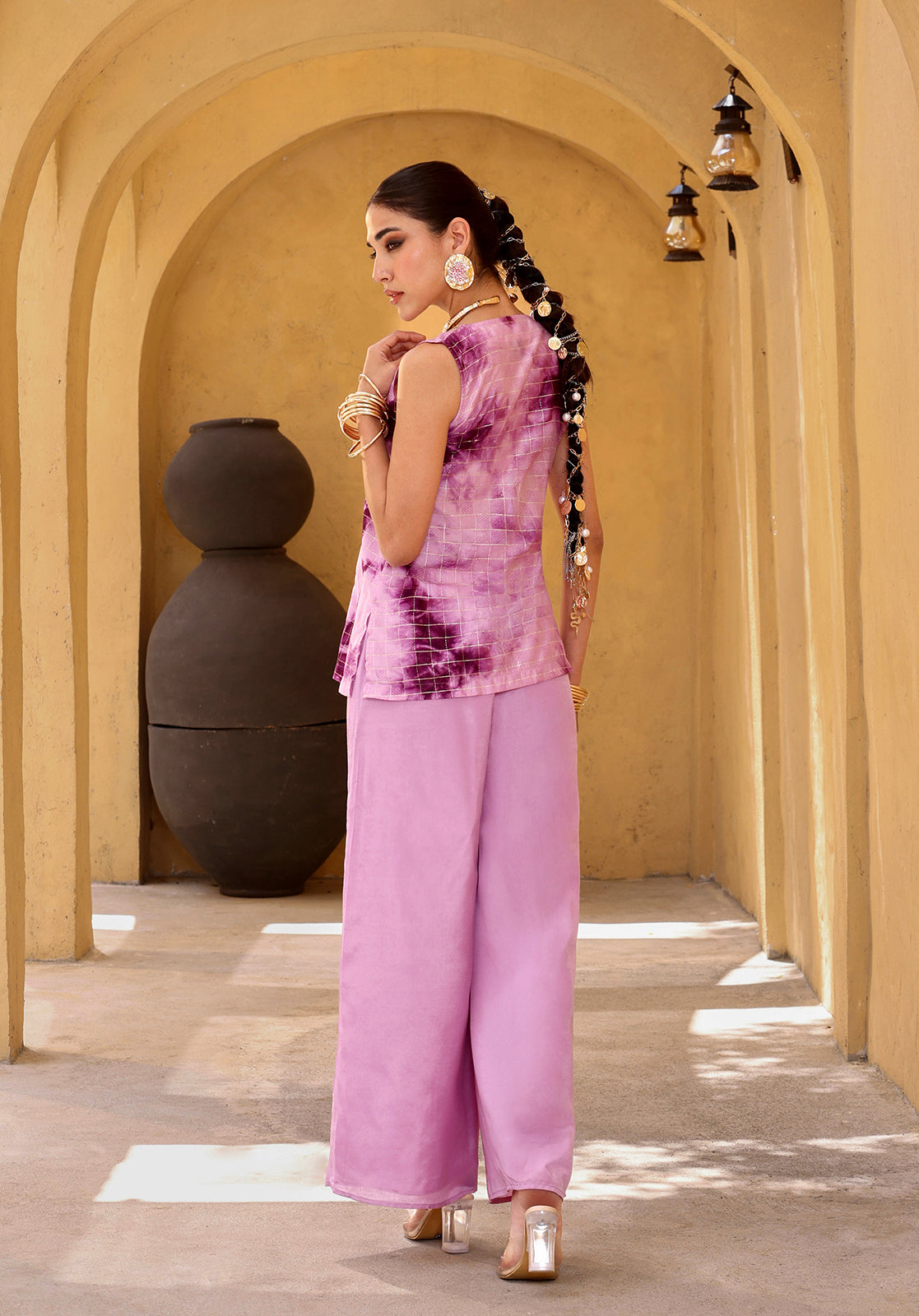 Tie & Dye Polyester-Blend Sleeveless V-Neck Purple  Co-ord Set