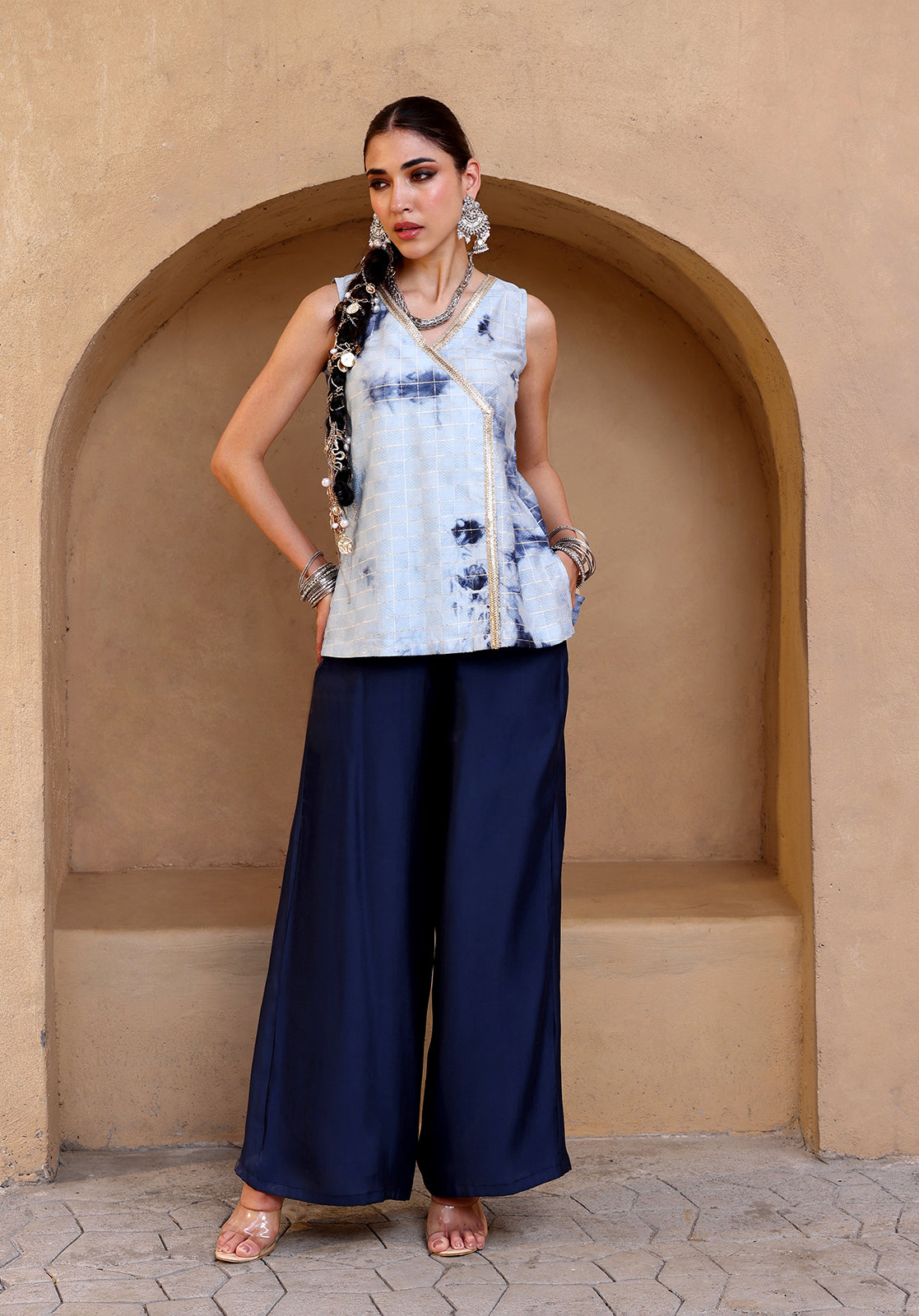 Tie and Dye Polysilk Sleeveless V-Neck Light Blue  Co-ord Set