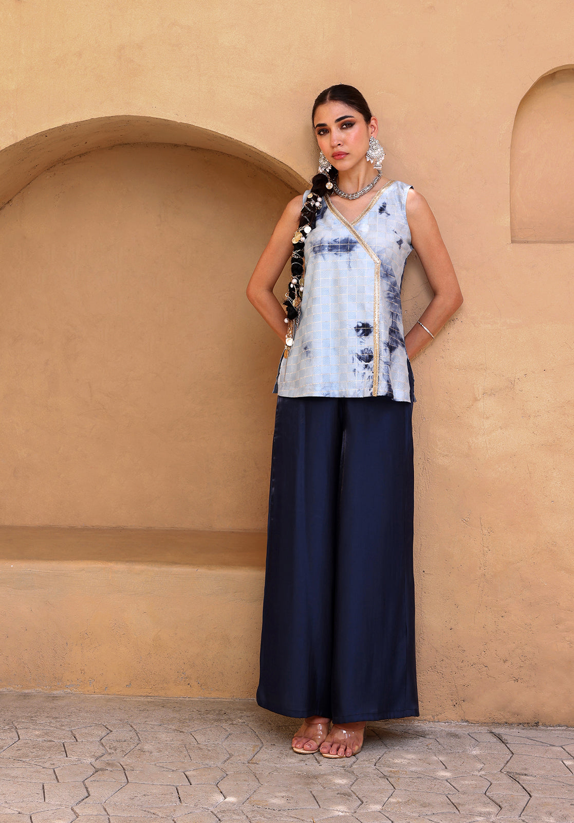 Tie and Dye Polysilk Sleeveless V-Neck Light Blue  Co-ord Set