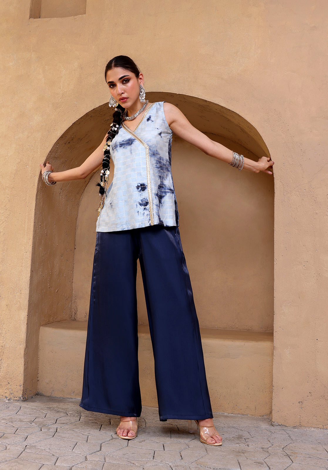 Tie and Dye Polysilk Sleeveless V-Neck Light Blue  Co-ord Set