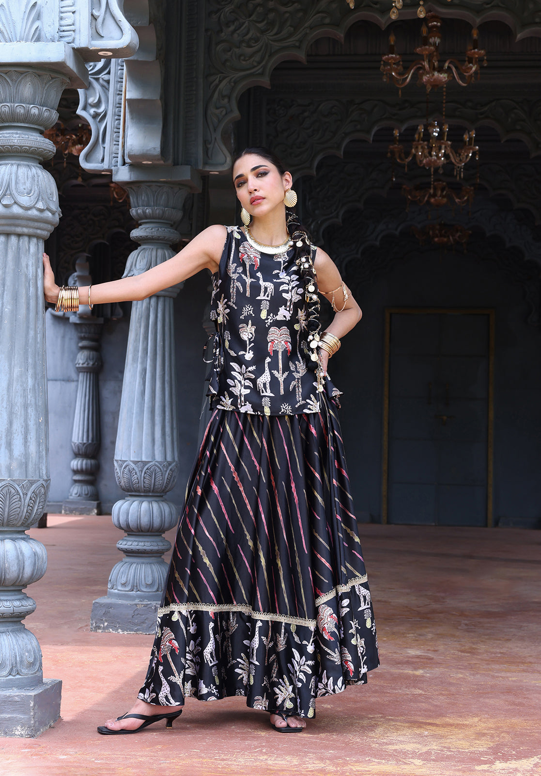 Black Poly Satin Top & Skirt Set