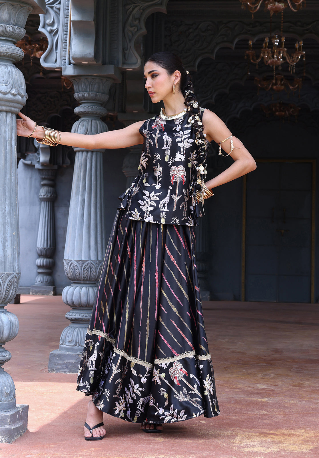 Black Poly Satin Top & Skirt Set